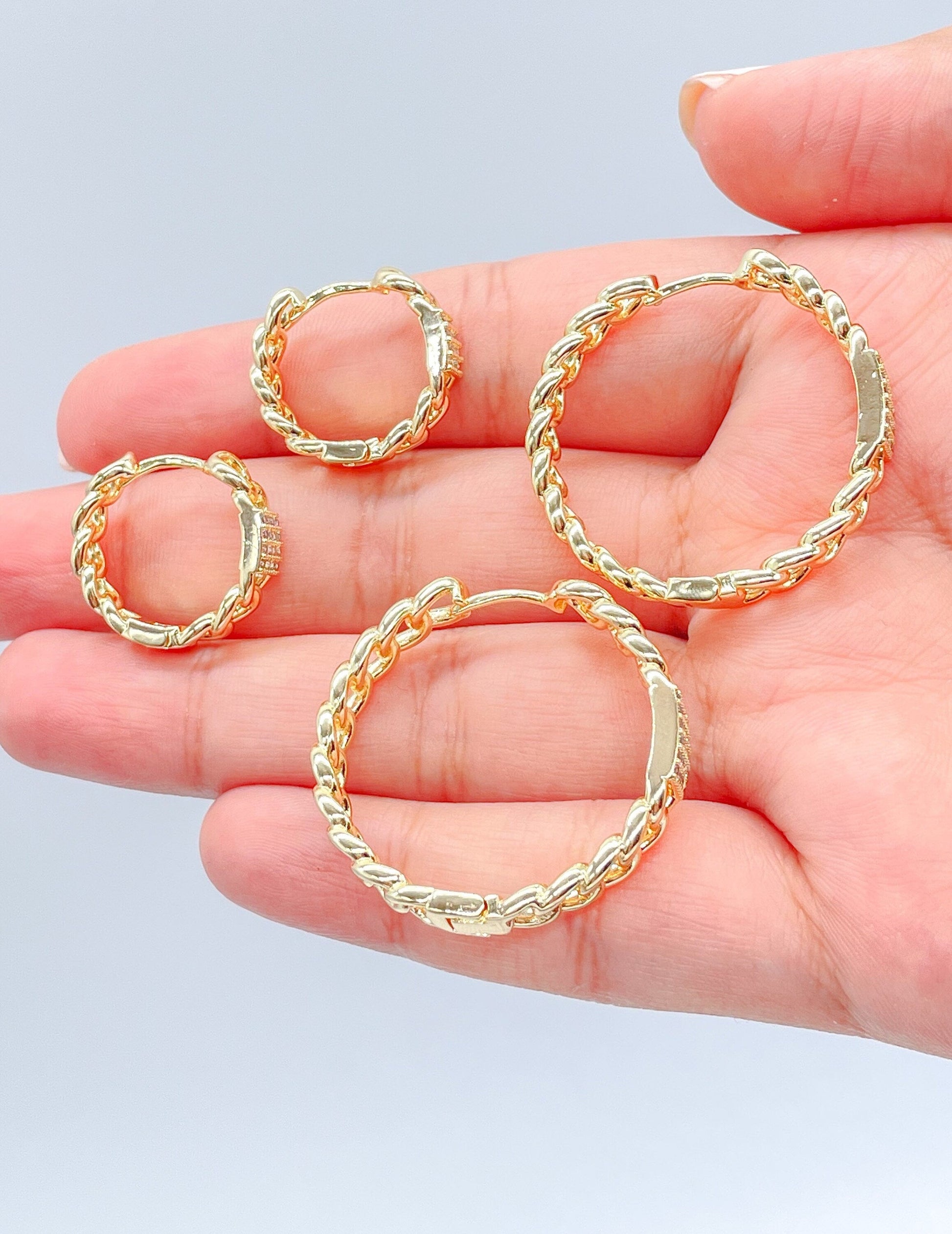 18k Gold Filled Plain Curb Link Hoop With Patterned CZ Pave Cube
