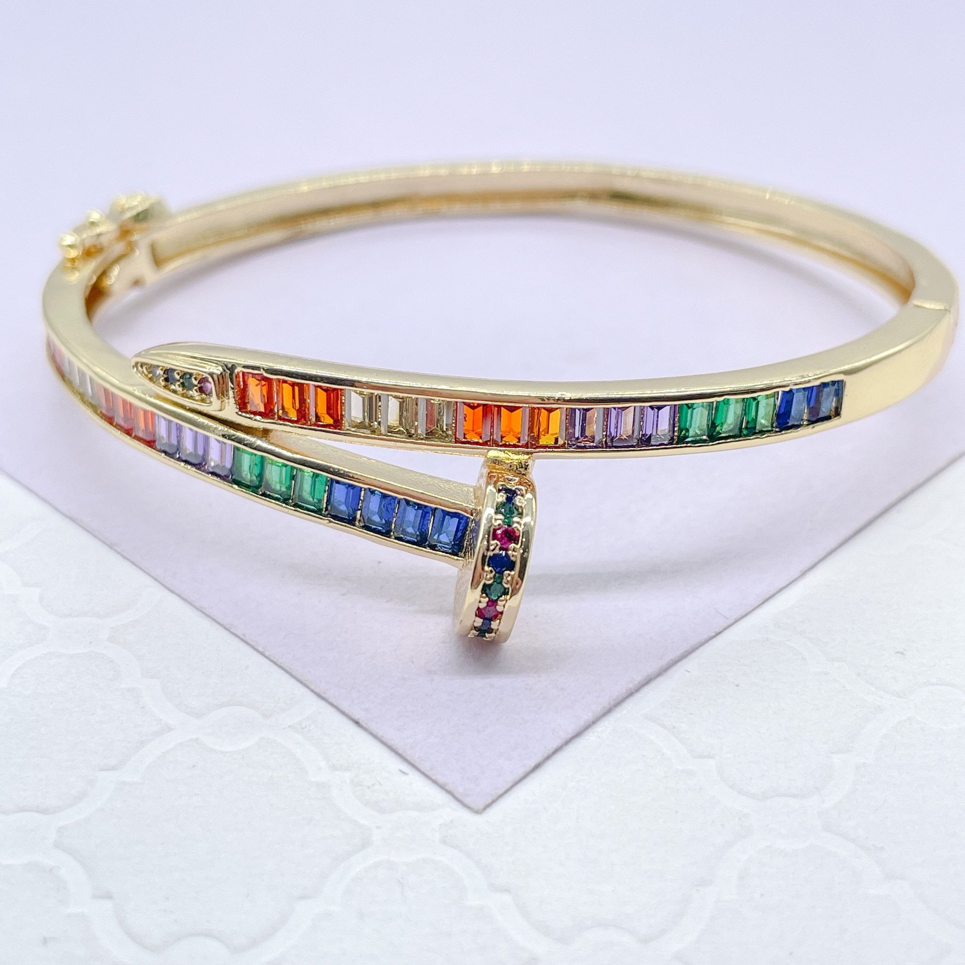 18k GoldFilled Nail Structure Cuff Bracelet with Colorful Baguette Stones