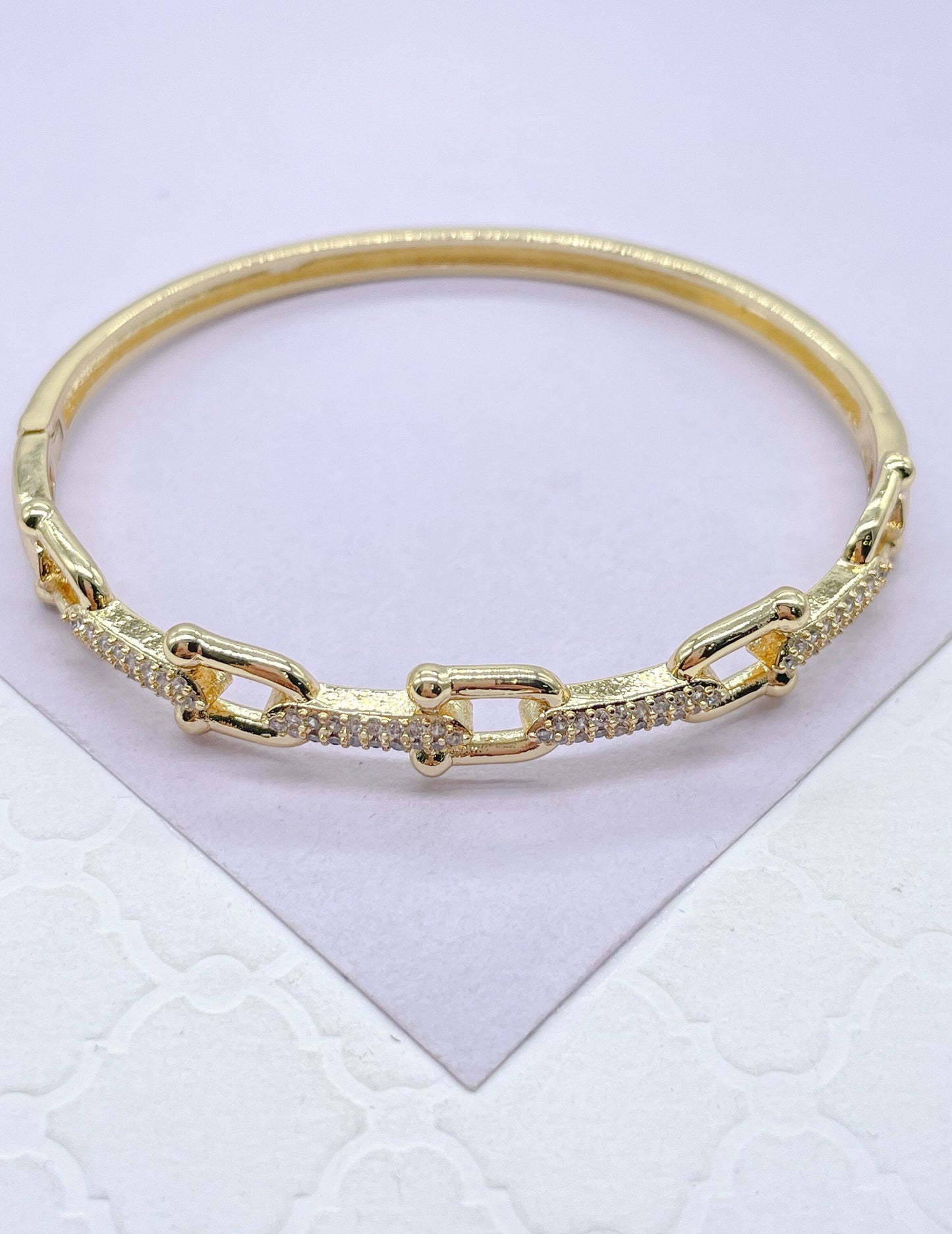 18k Gold Filled Solid Pavé U-Link Cuff Bracelet