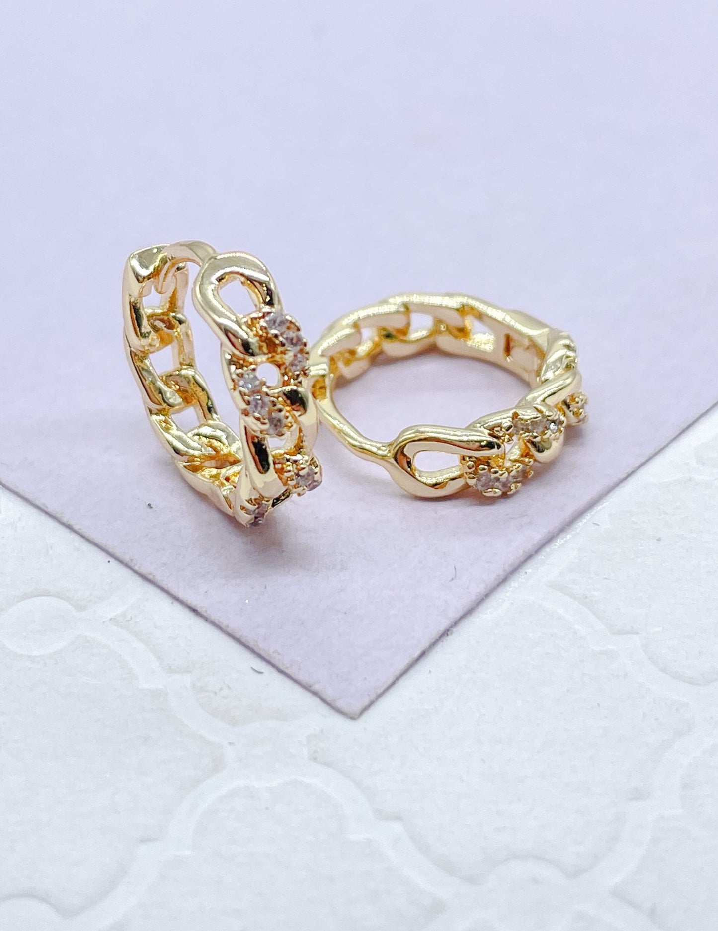 18k Gold Filled Chain Link Huggie Earring With CZ Stones