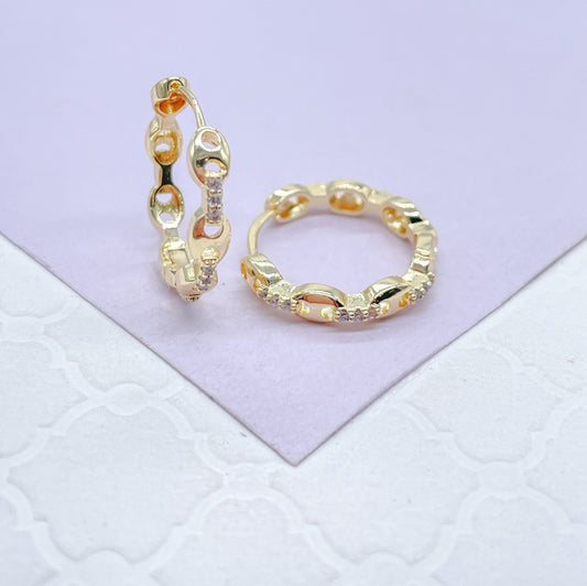 18k Gold Filled Puffy Mariner Curb Link Huggie Hoops With CZ Stones