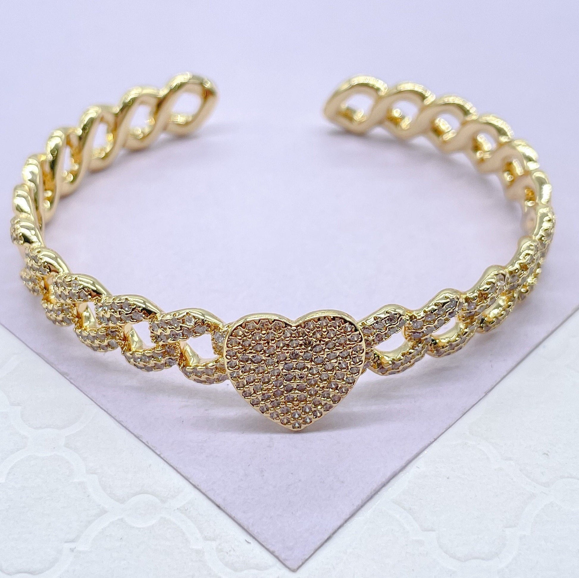 18k Gold Filled Pave Link Cuff Bracelet With Pave Heart & Star Bracelet