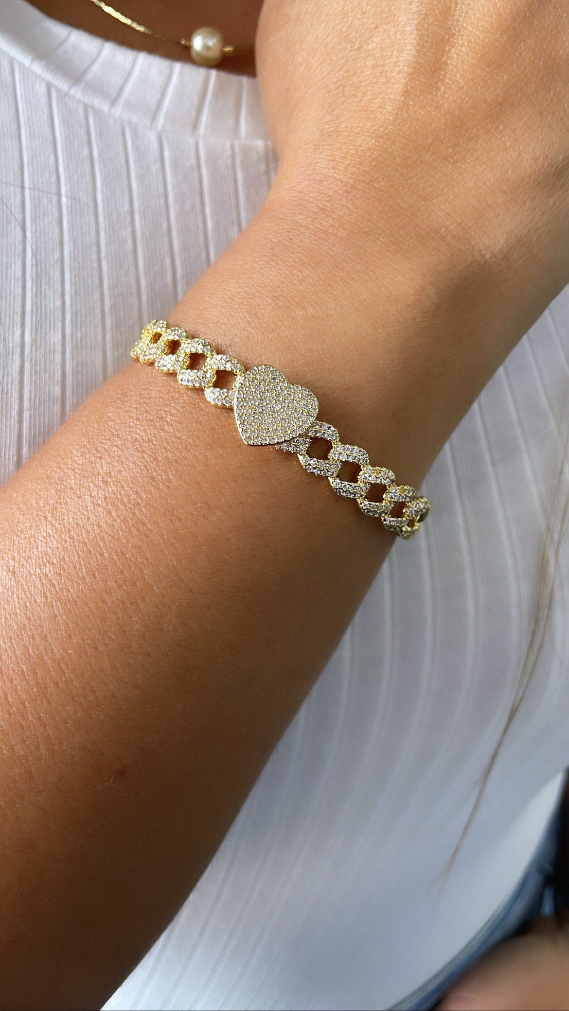 18k Gold Filled Pave Link Cuff Bracelet With Pave Heart & Star Bracelet