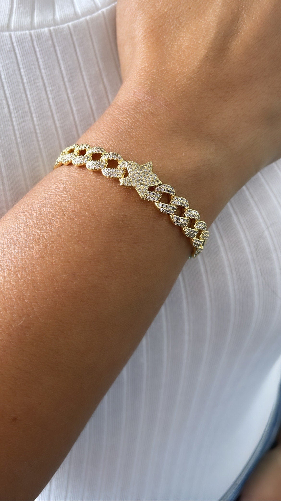 18k Gold Filled Pave Link Cuff Bracelet With Pave Heart & Star Bracelet