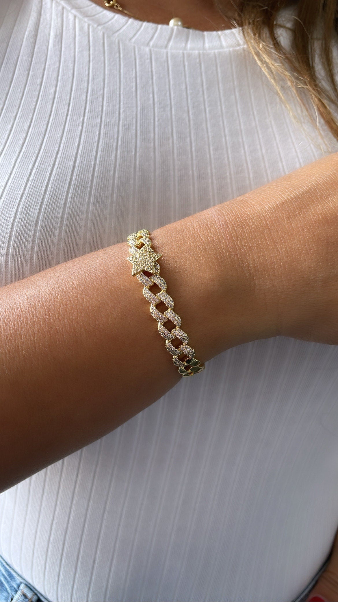 18k Gold Filled Pave Link Cuff Bracelet With Pave Heart & Star Bracelet