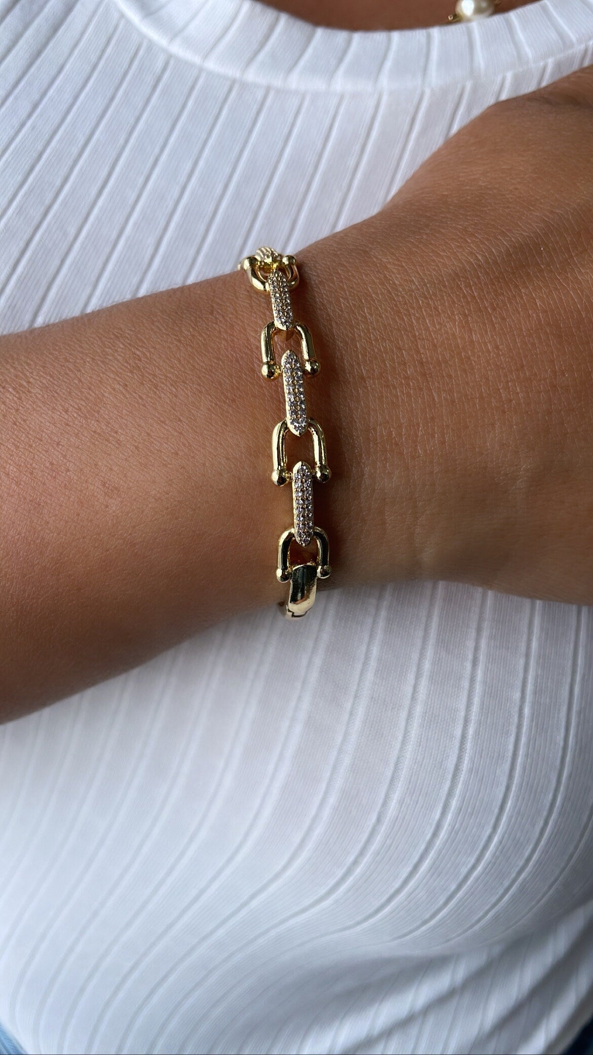 18k Gold Filled Solid Pavé U-Link Cuff Bracelet