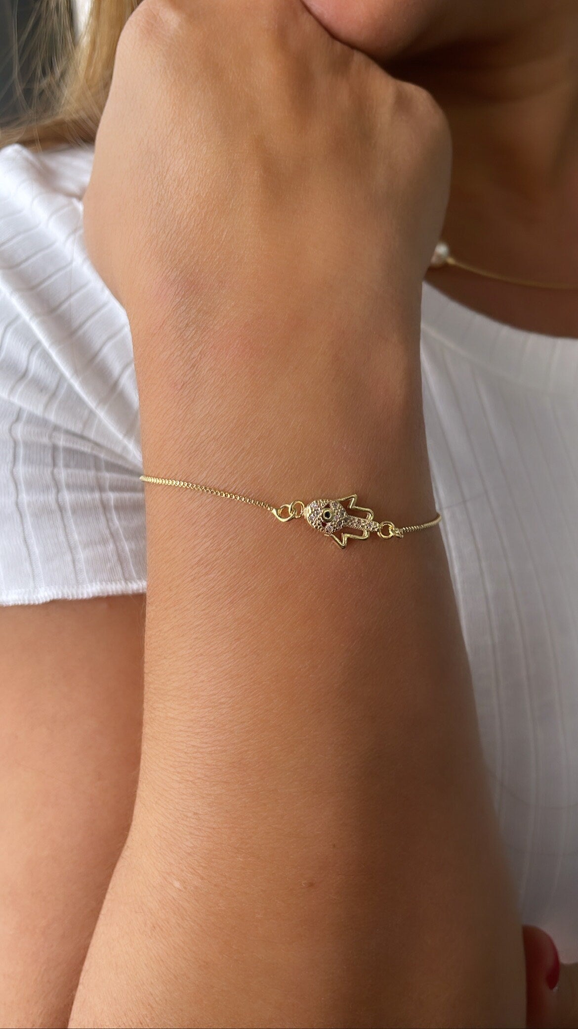 18k Gold Filled Dainty Box Chain Bracelet with CZ Hamza Hand Charm