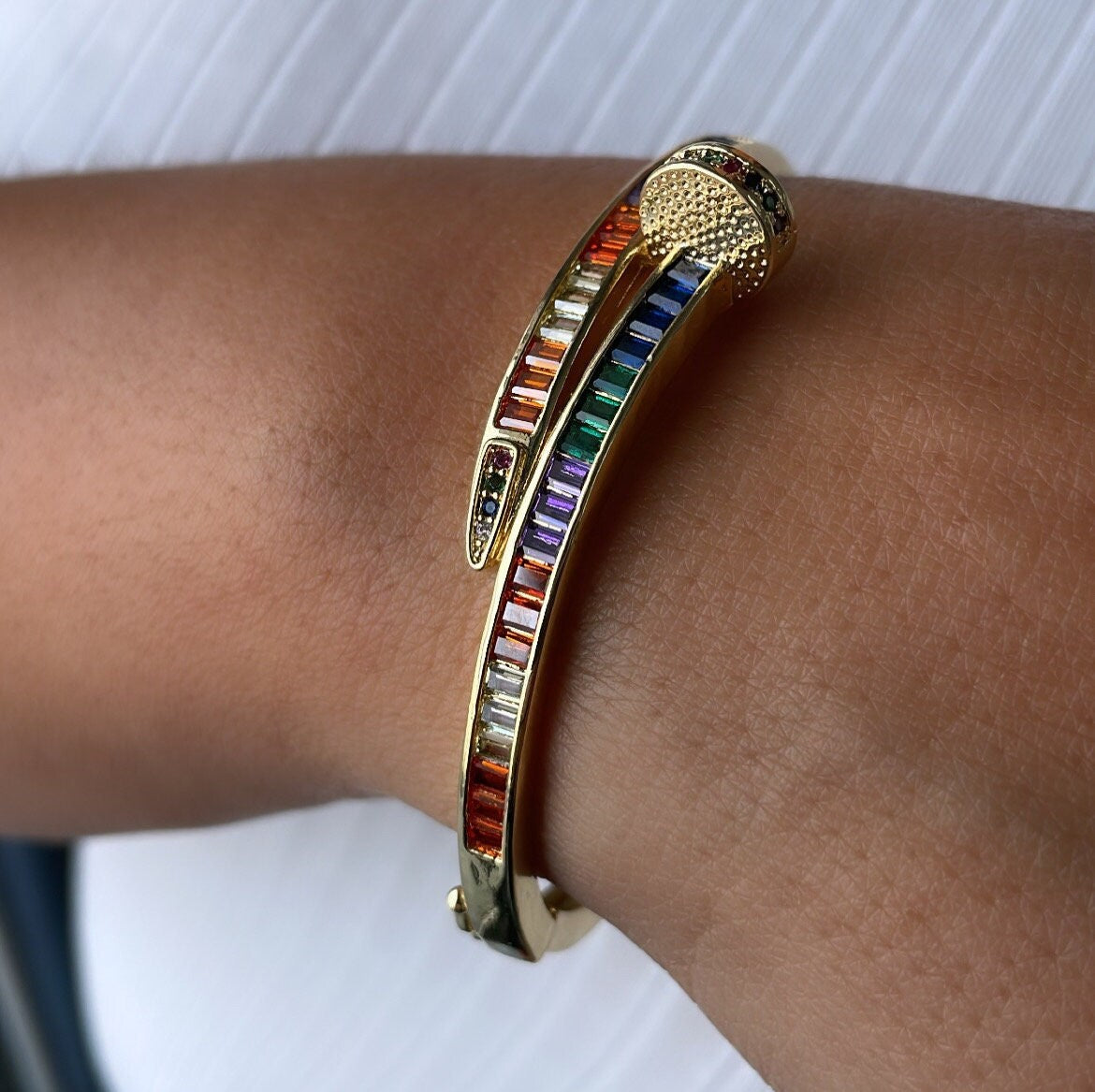 18k GoldFilled Nail Structure Cuff Bracelet with Colorful Baguette Stones