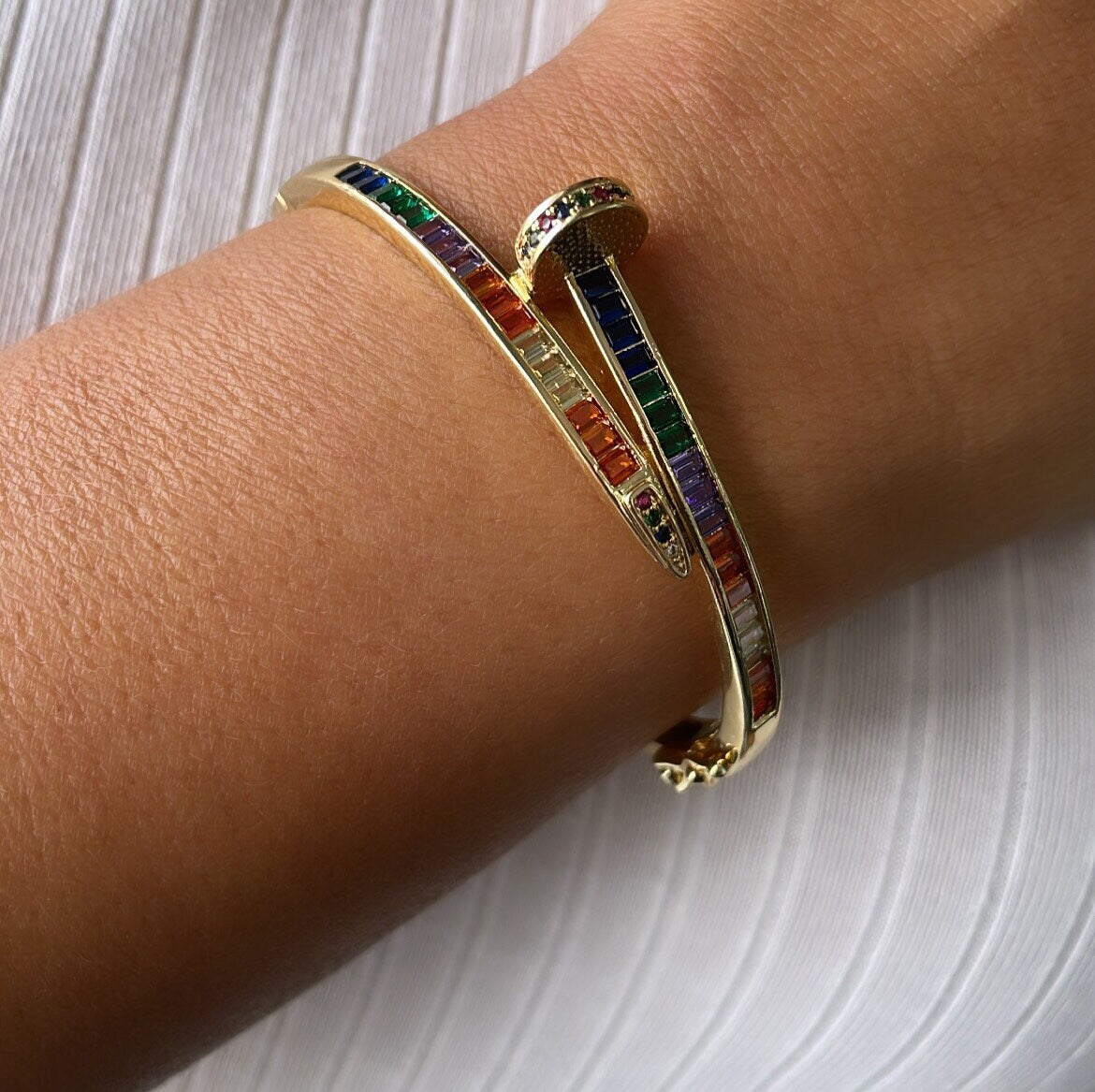 18k GoldFilled Nail Structure Cuff Bracelet with Colorful Baguette Stones