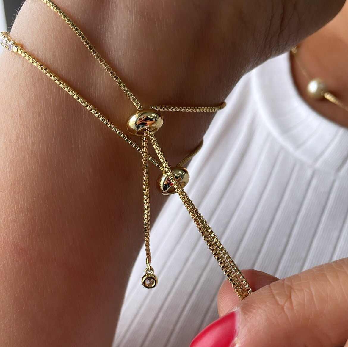 18k Gold Filled Adjustable Tennis Bracelet With CZ Flower Charm In Center