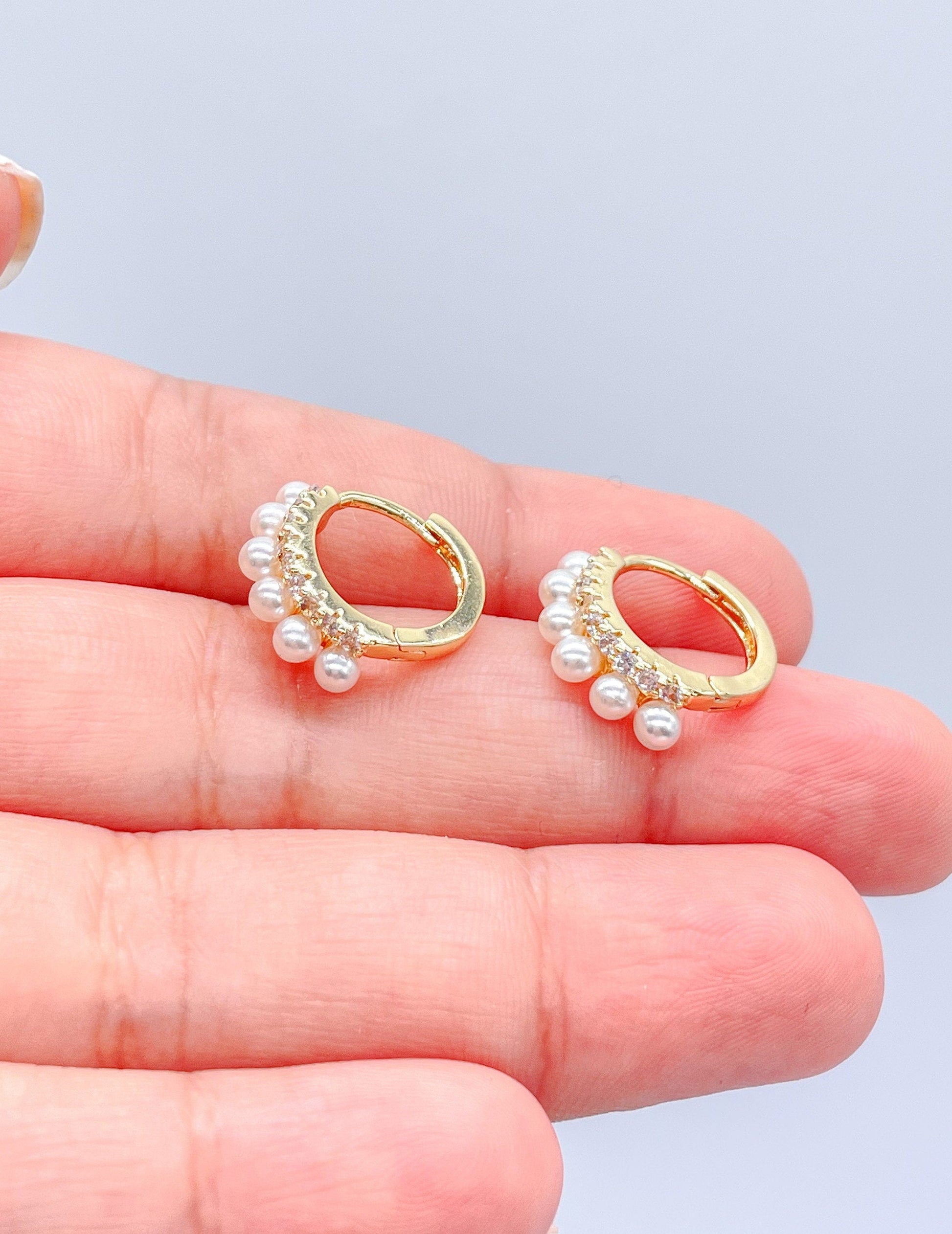 18k Gold Filled Dual Rowed Pearl And CZ Pave Hoop Earring