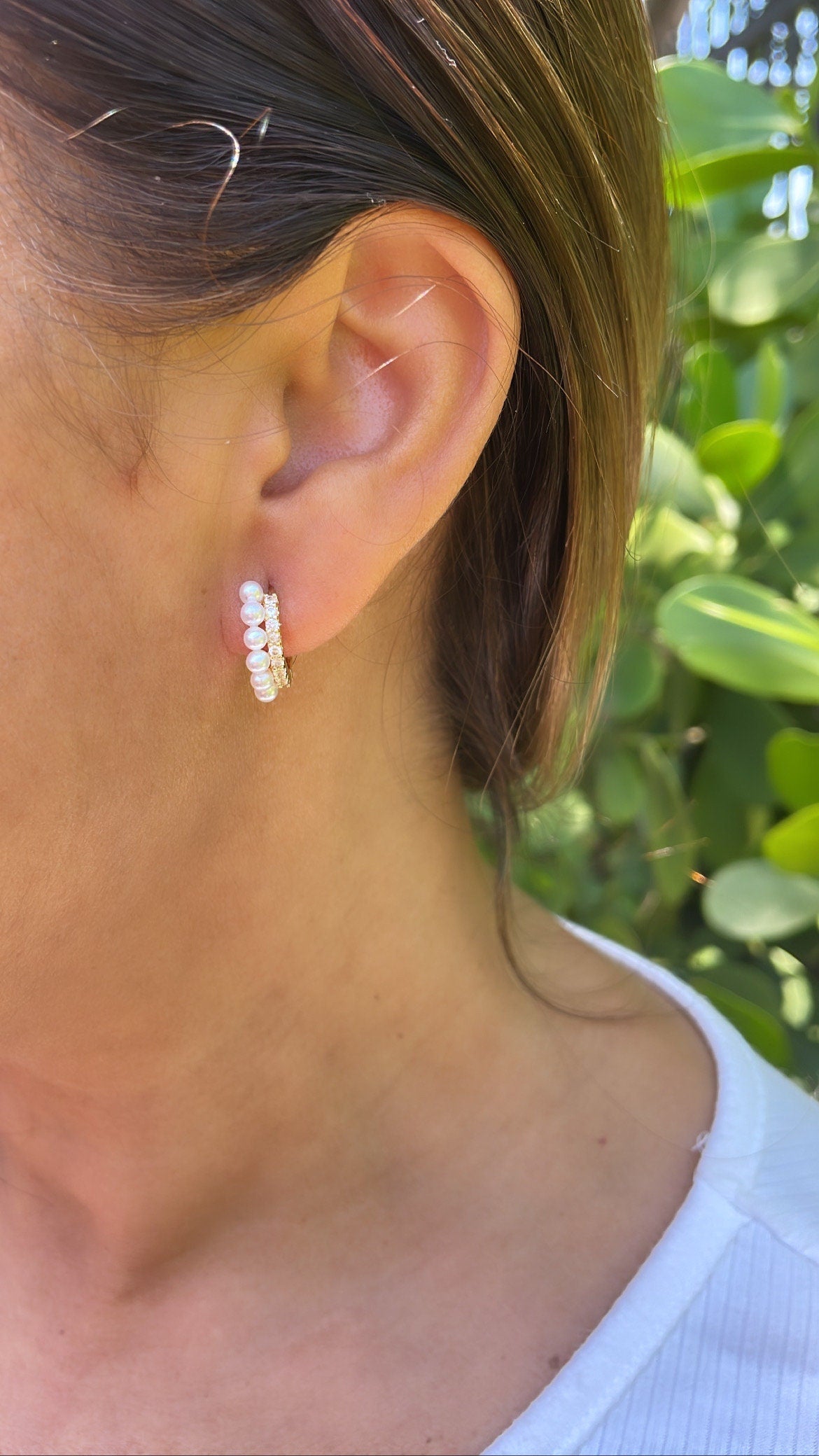 18k Gold Filled Dual Rowed Pearl And CZ Pave Hoop Earring