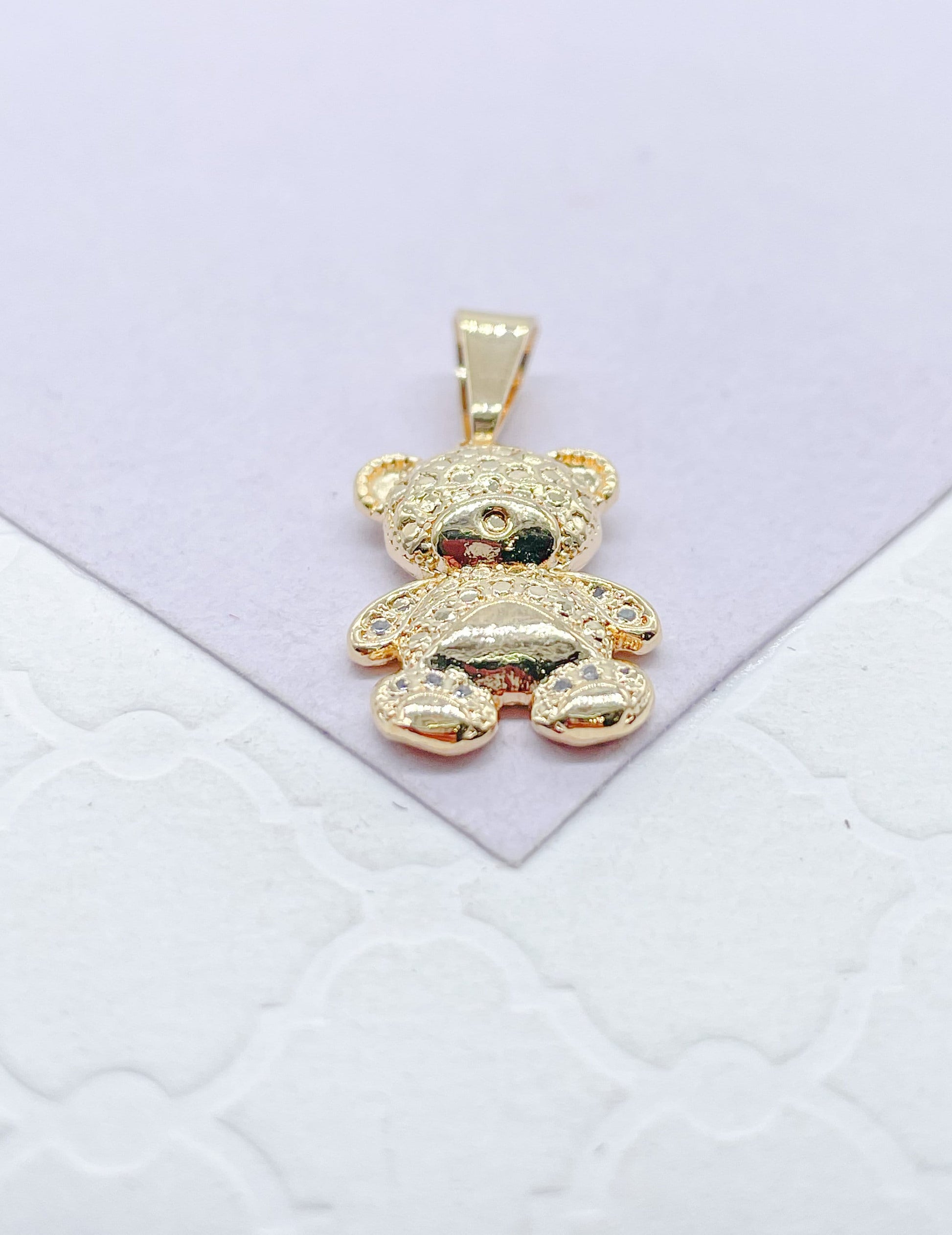 18k Gold Filled Texture Engraved With Cz Stone Bear Pendant