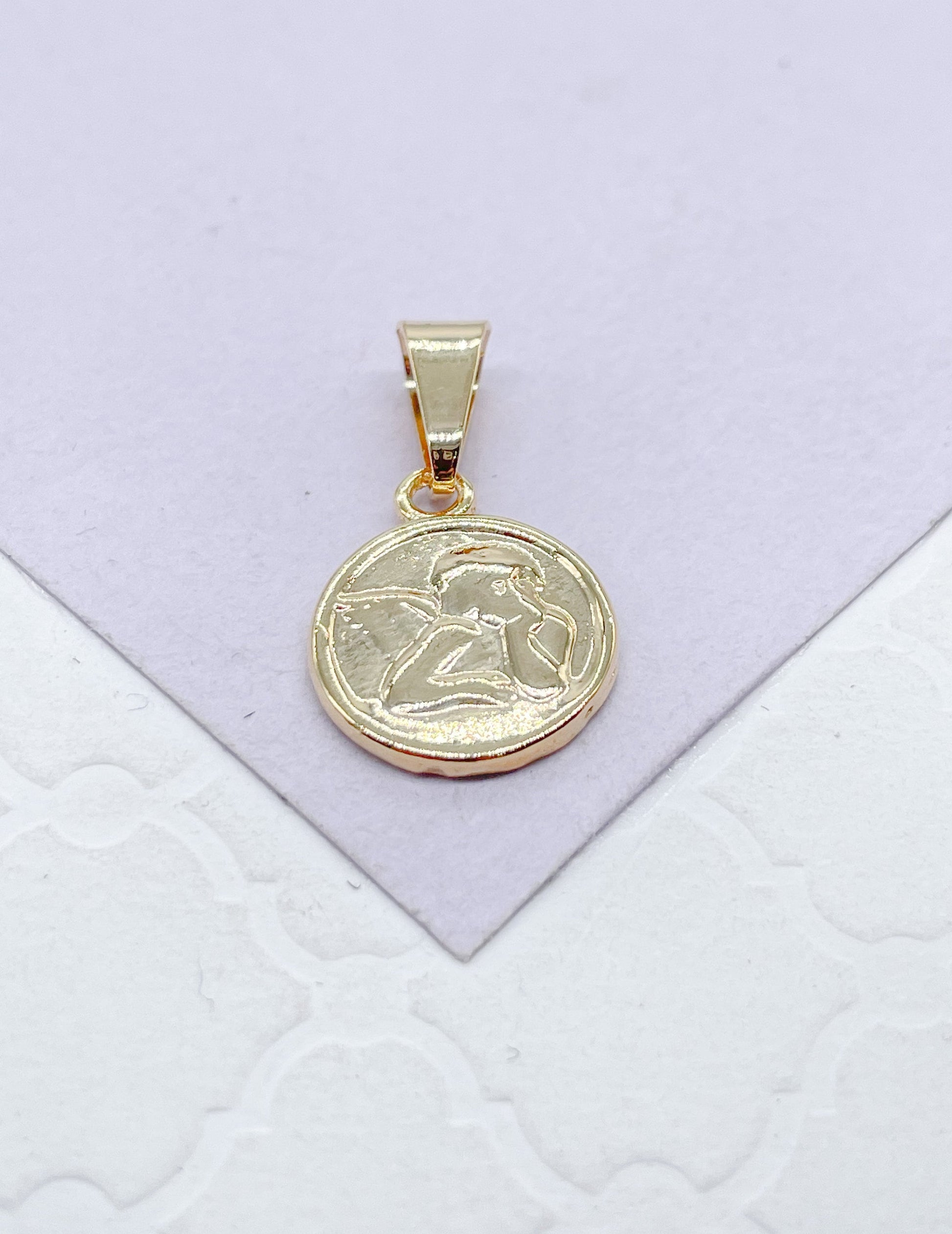 18k Gold Filled Mini Medallion Charm Pendant With engraved Angel