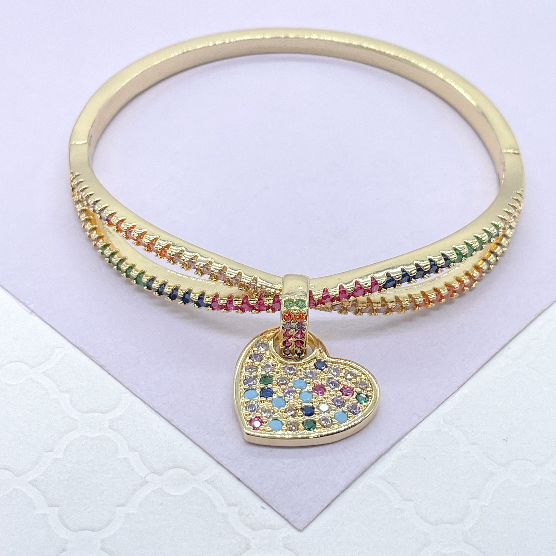 18k Gold Filled Colorful CZ Cuff Bracelet with Multi Color Dangling Heart