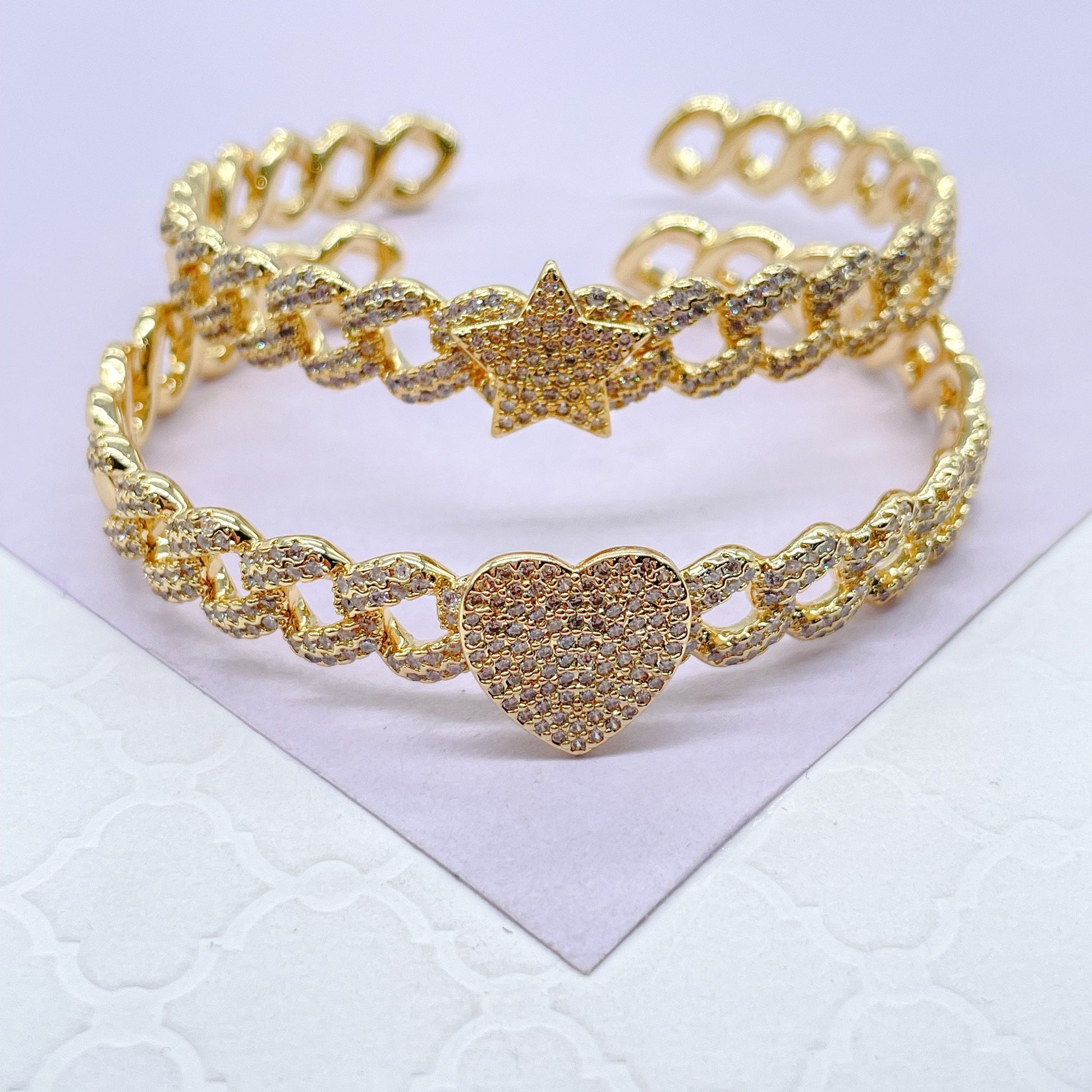 18k Gold Filled Pave Link Cuff Bracelet With Pave Heart & Star Bracelet