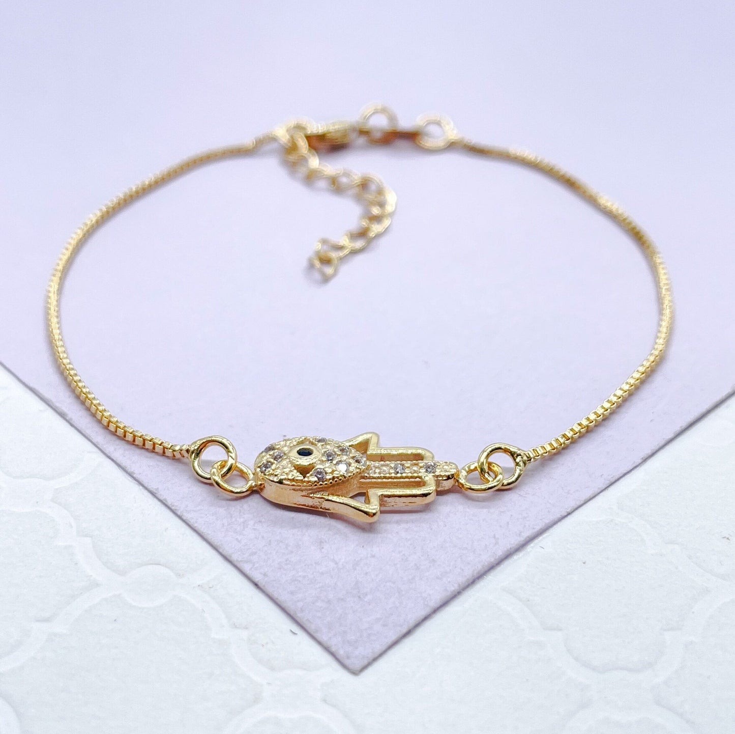 18k Gold Filled Dainty Box Chain Bracelet with CZ Hamza Hand Charm