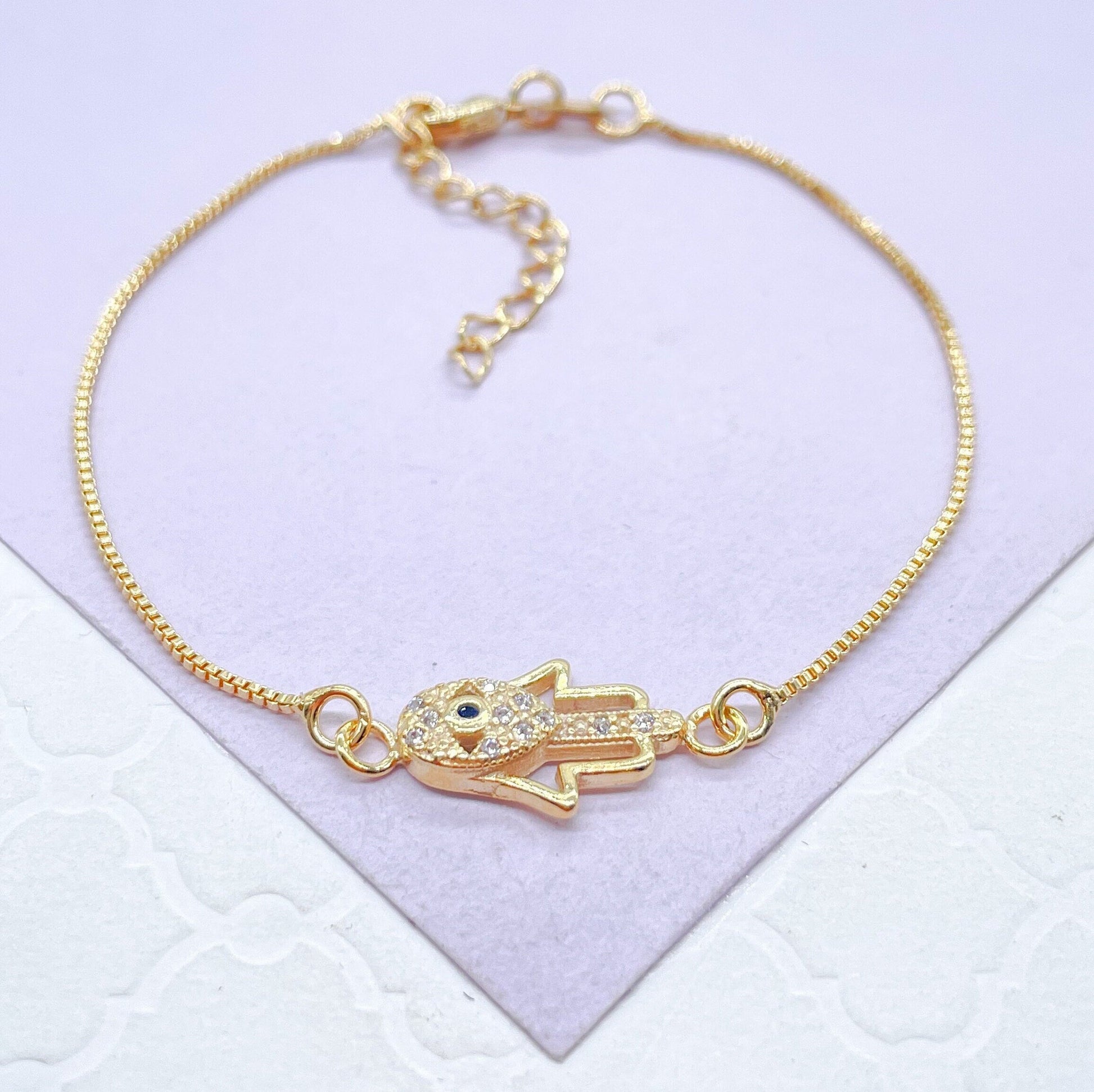 18k Gold Filled Dainty Box Chain Bracelet with CZ Hamza Hand Charm