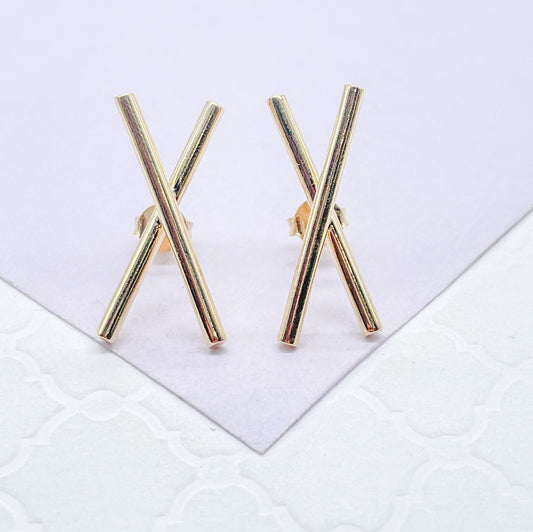 18k Gold Filled Plain “X” Crossed Stud Earrings