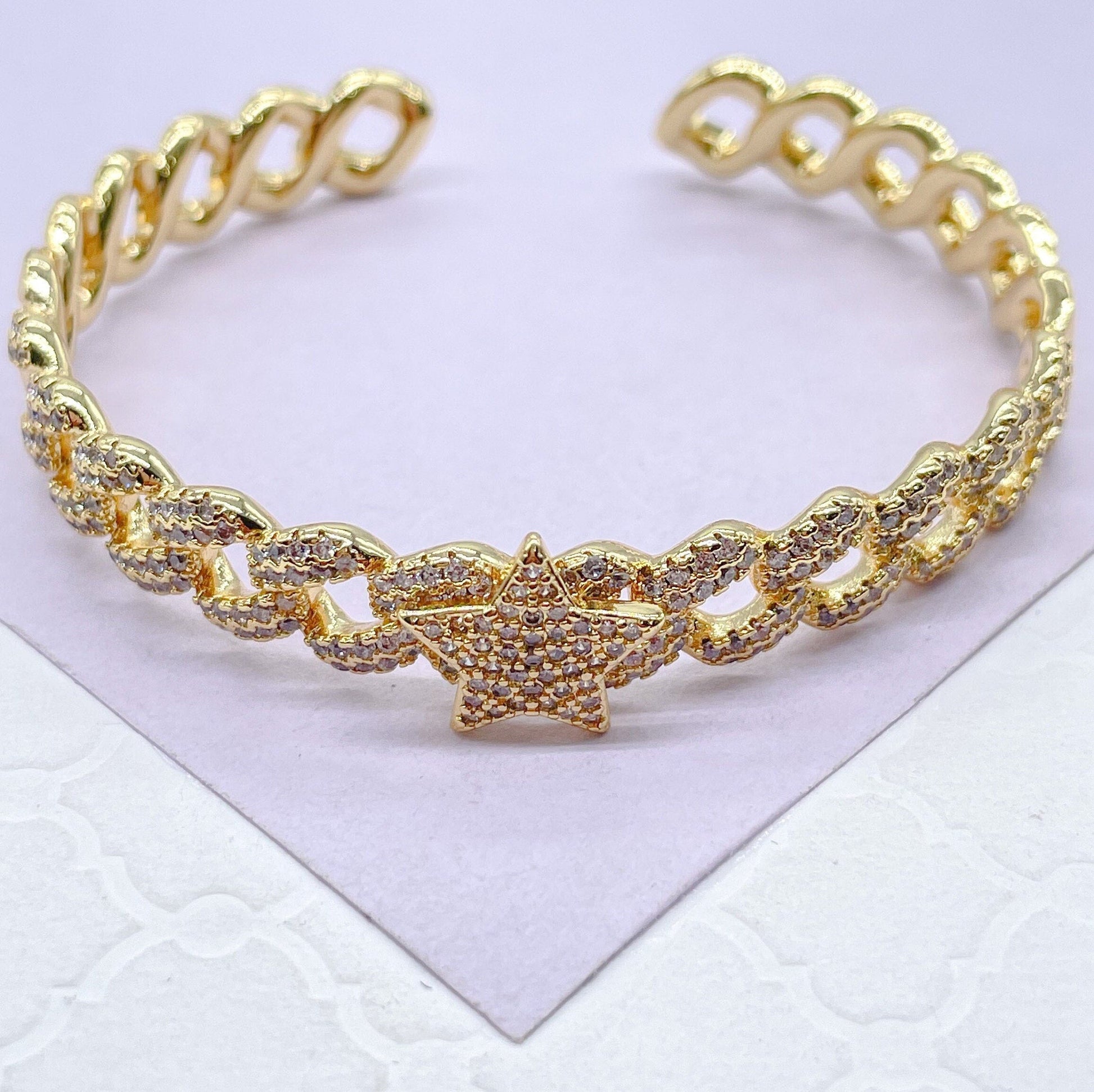 18k Gold Filled Pave Link Cuff Bracelet With Pave Heart & Star Bracelet