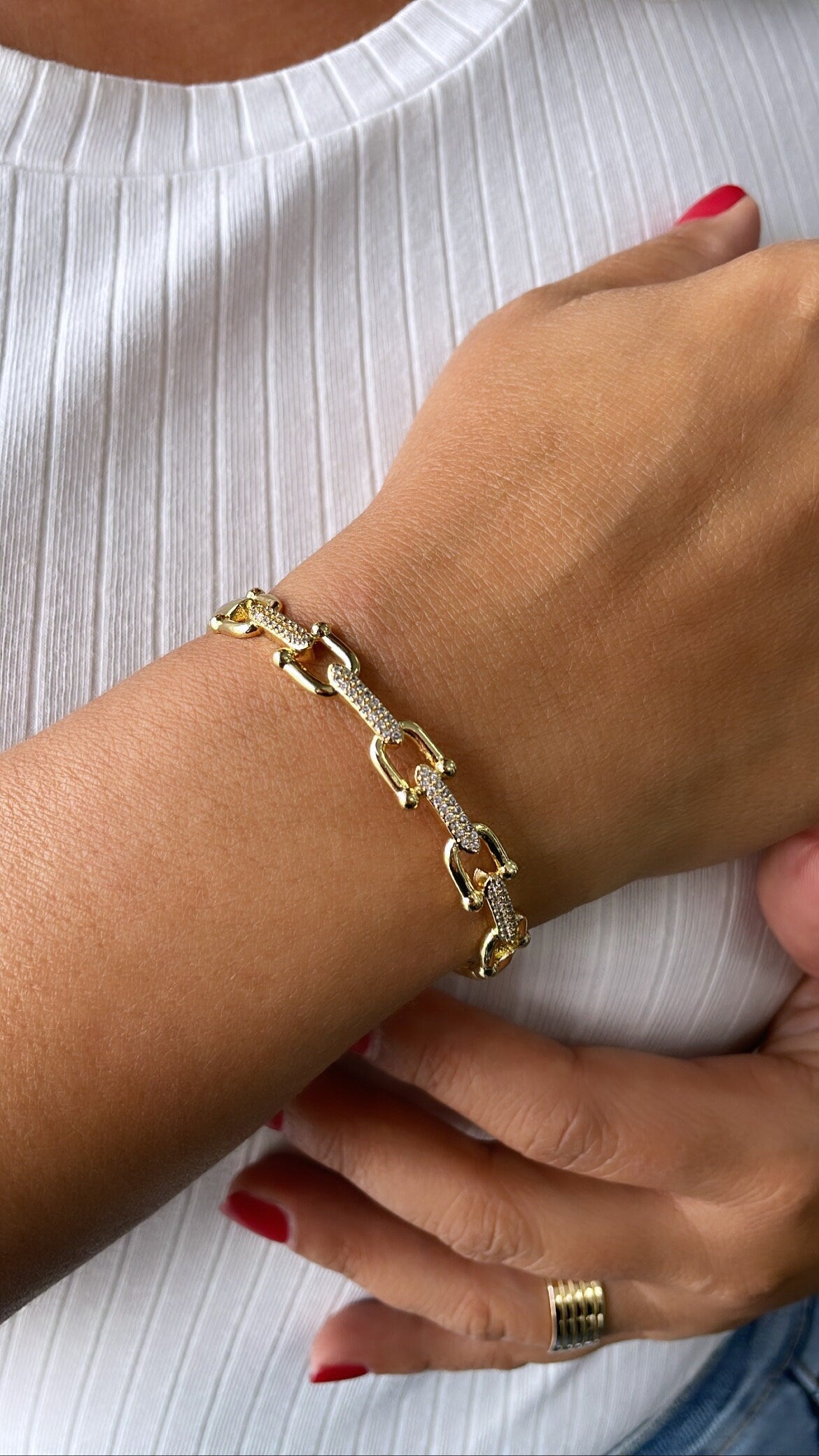 18k Gold Filled Solid Pavé U-Link Cuff Bracelet