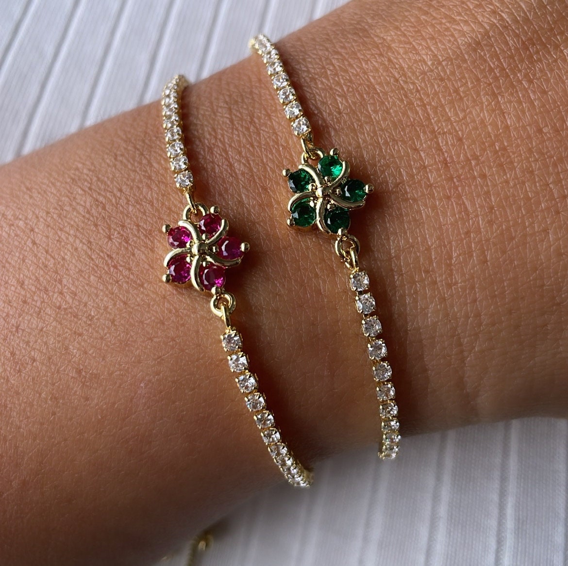 18k Gold Filled Adjustable Tennis Bracelet With CZ Flower Charm In Center