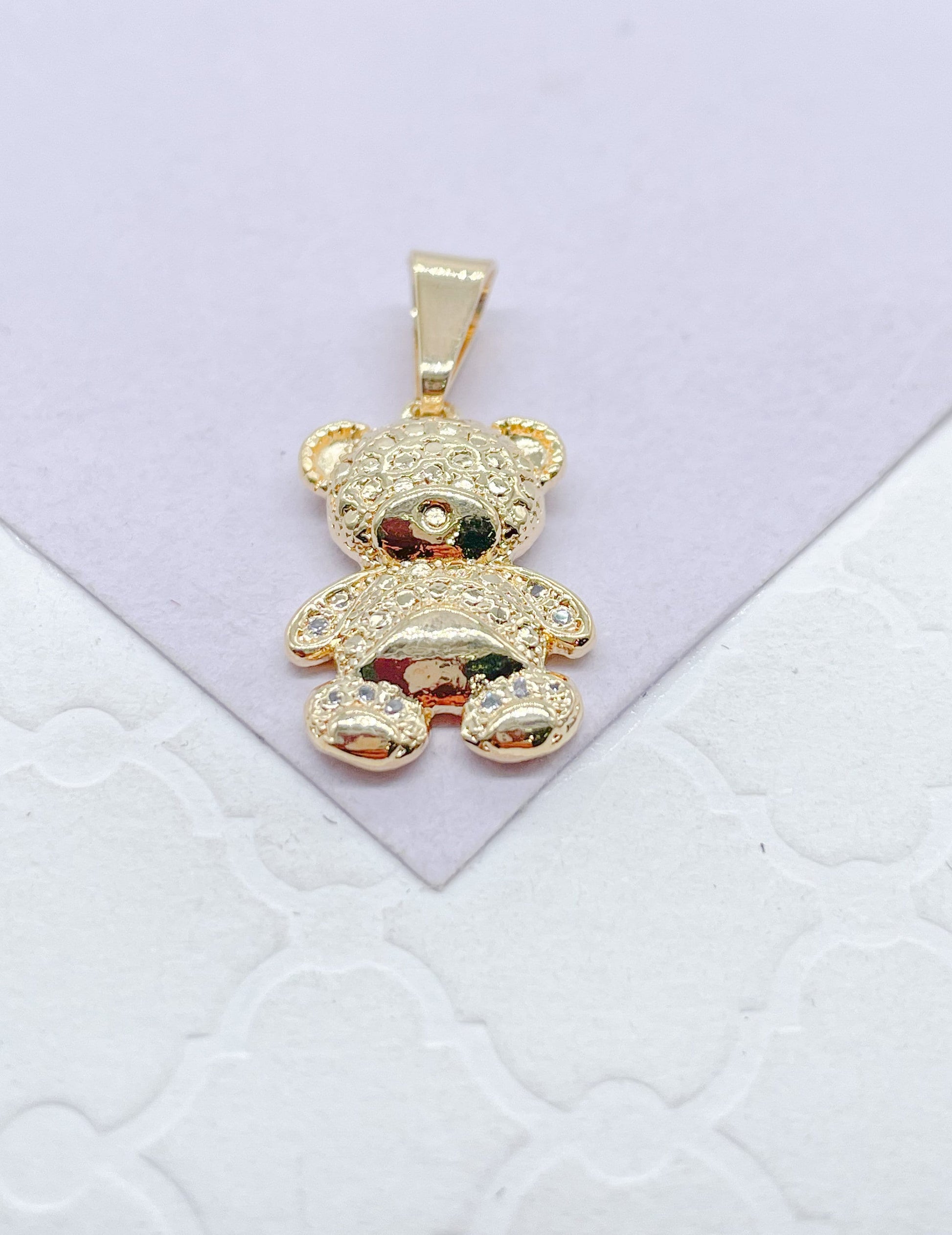 18k Gold Filled Texture Engraved With Cz Stone Bear Pendant