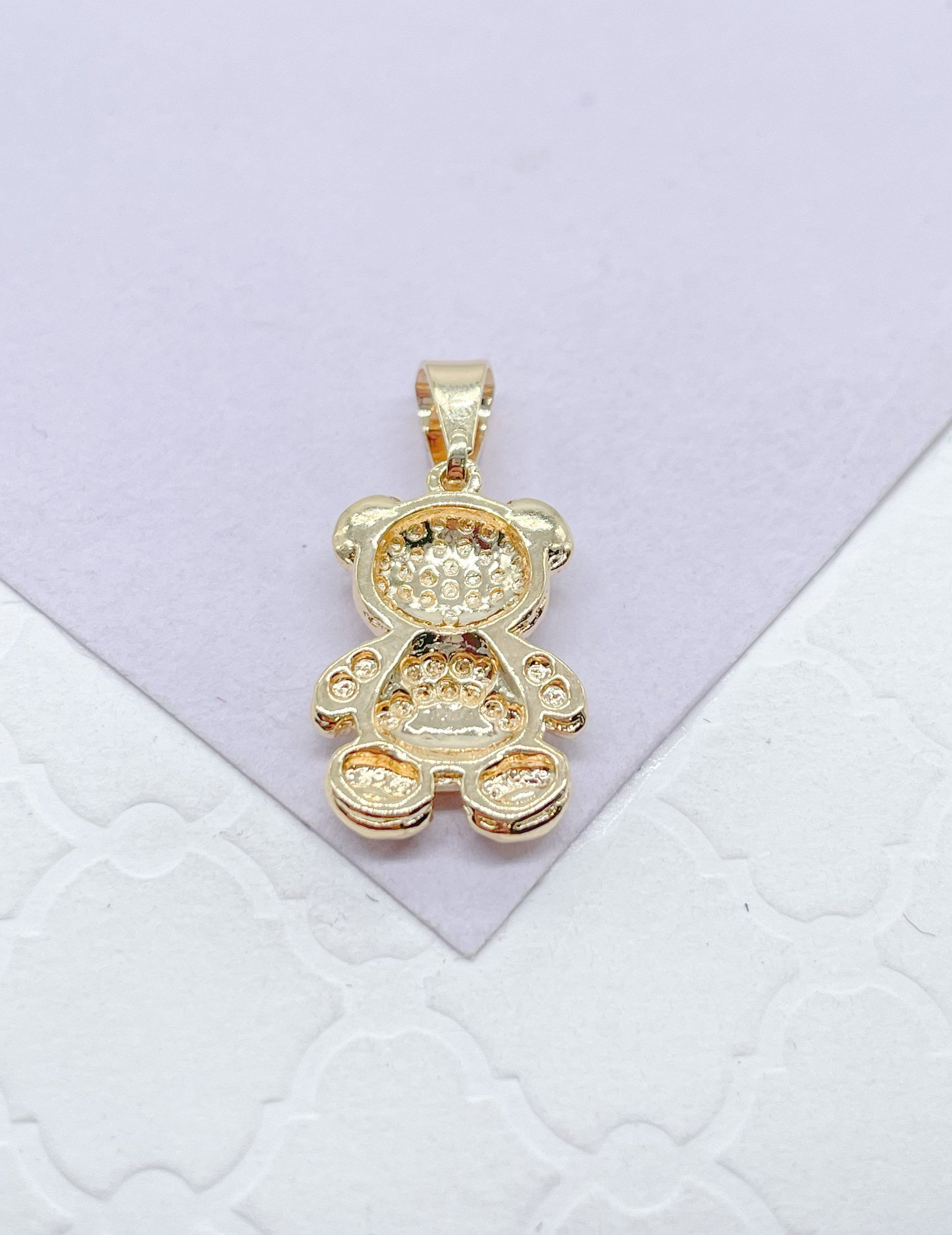 18k Gold Filled Texture Engraved With Cz Stone Bear Pendant