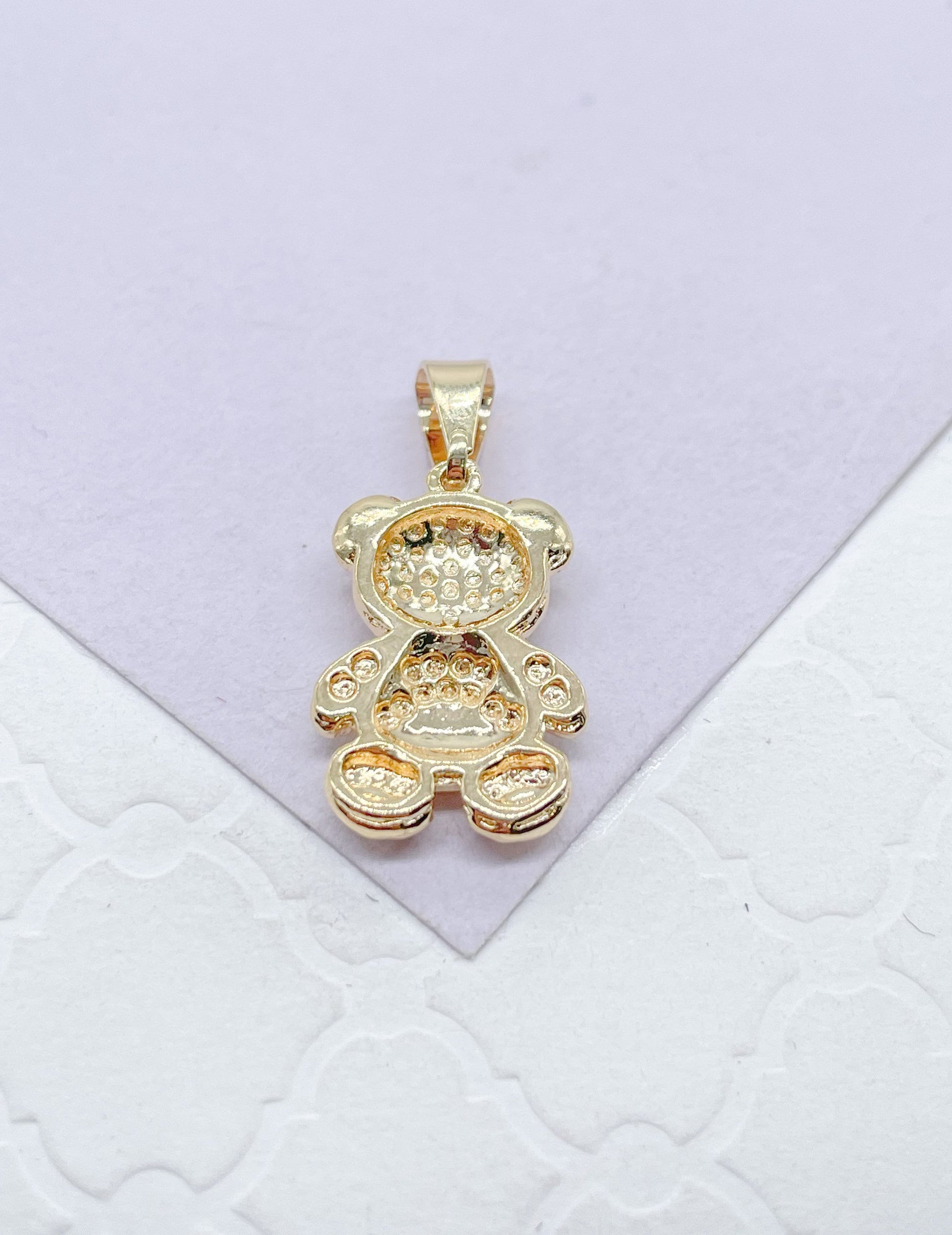 18k Gold Filled Texture Engraved With Cz Stone Bear Pendant