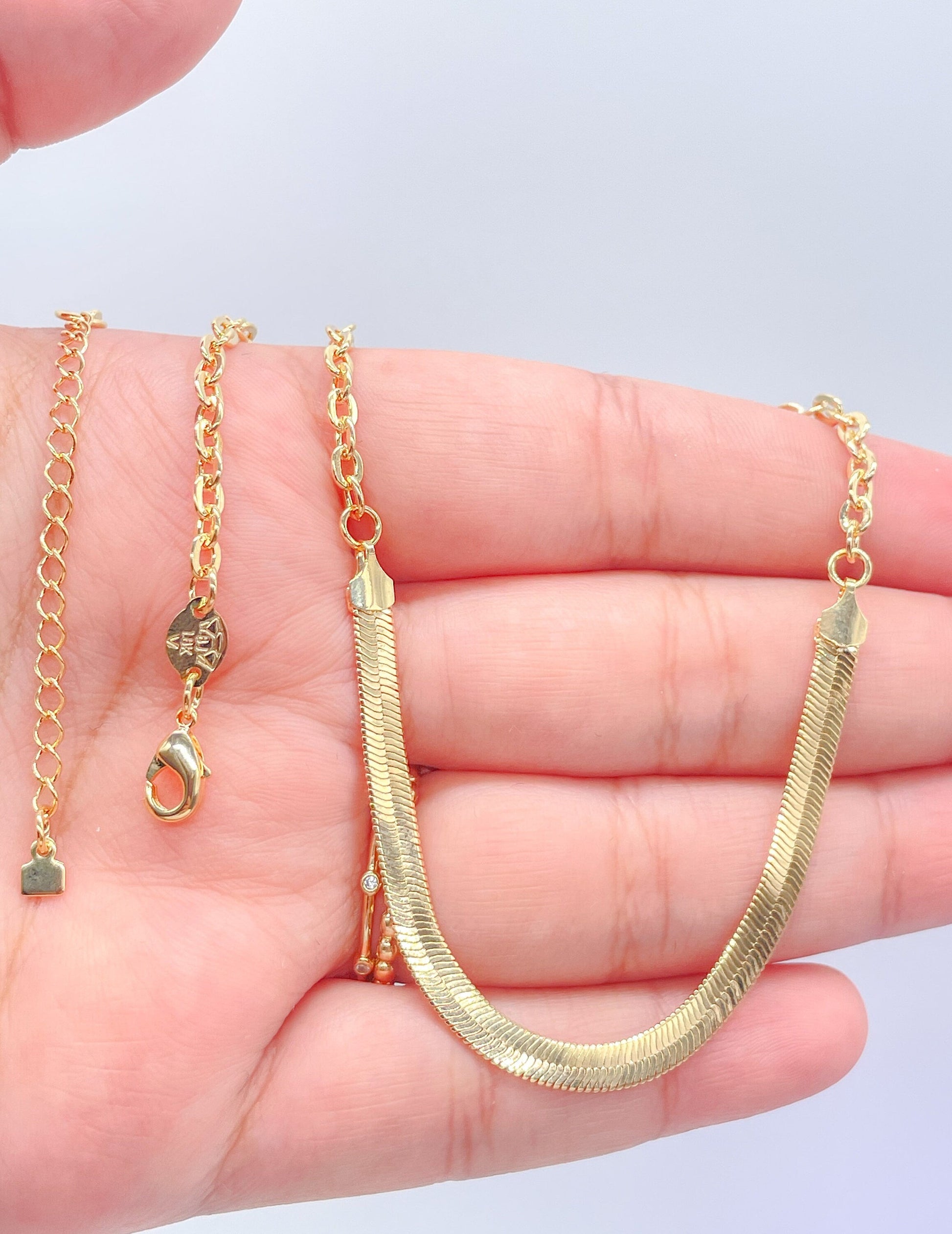 18k Gold Filled Curb Link Necklace With Herring Bone Center Piece