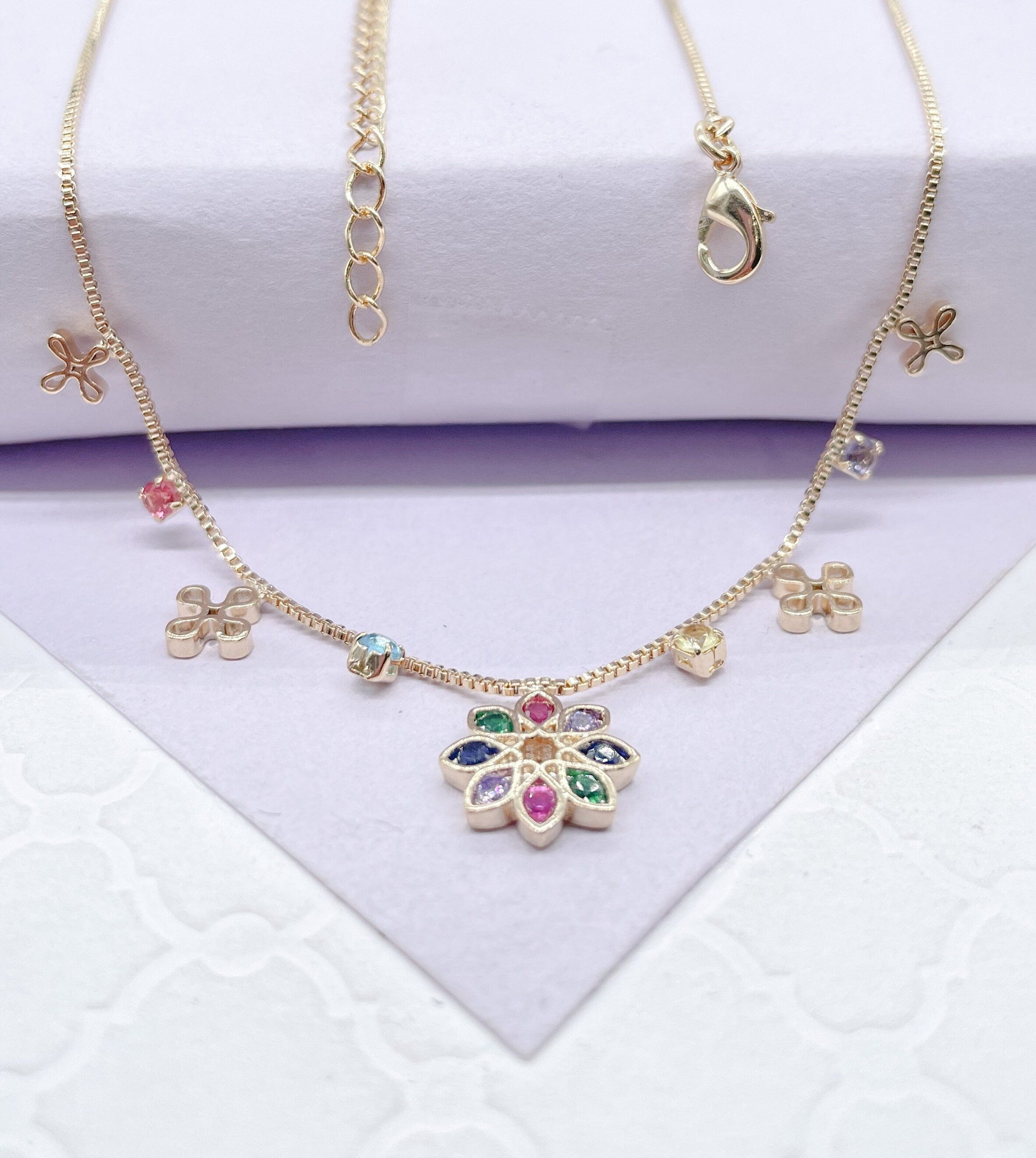 18k Gold Filled Dainty Box Chain Choker with Colorful Cz and Flower Charms w Flower Centerpiece