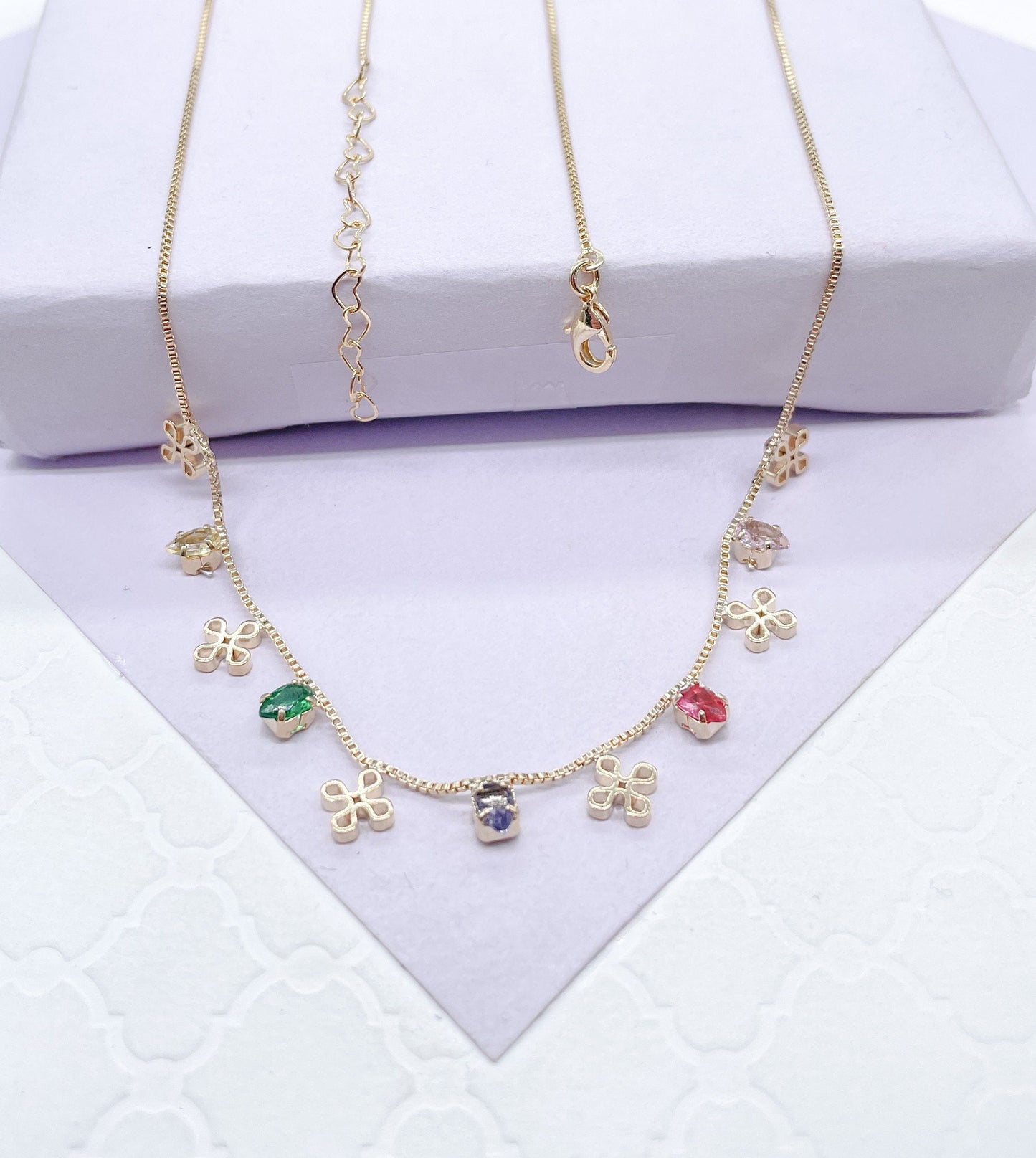 18k Gold Filled Dainty Box Chain Choker With Colorful CZ and Flower Charms