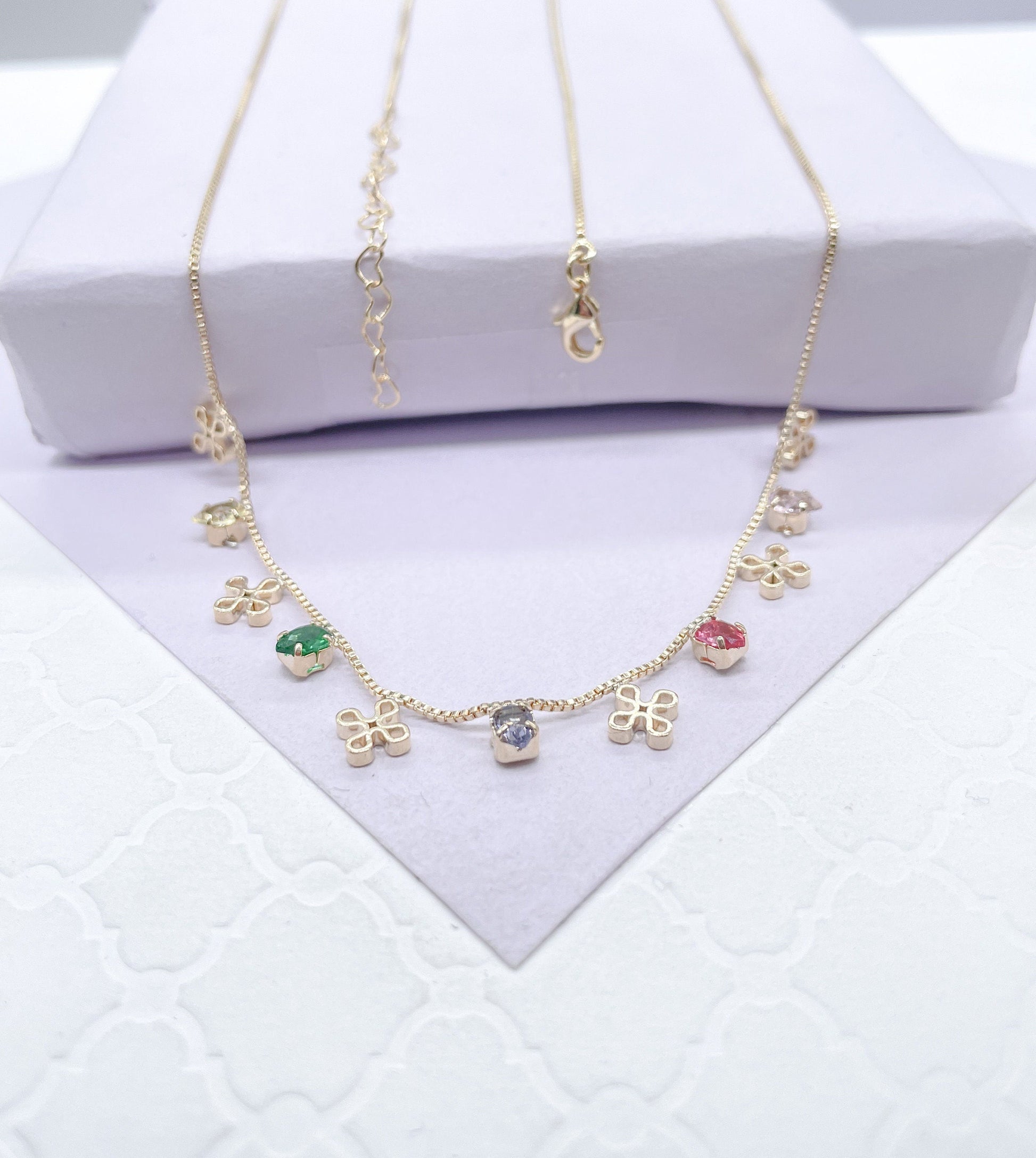 18k Gold Filled Dainty Box Chain Choker With Colorful CZ and Flower Charms