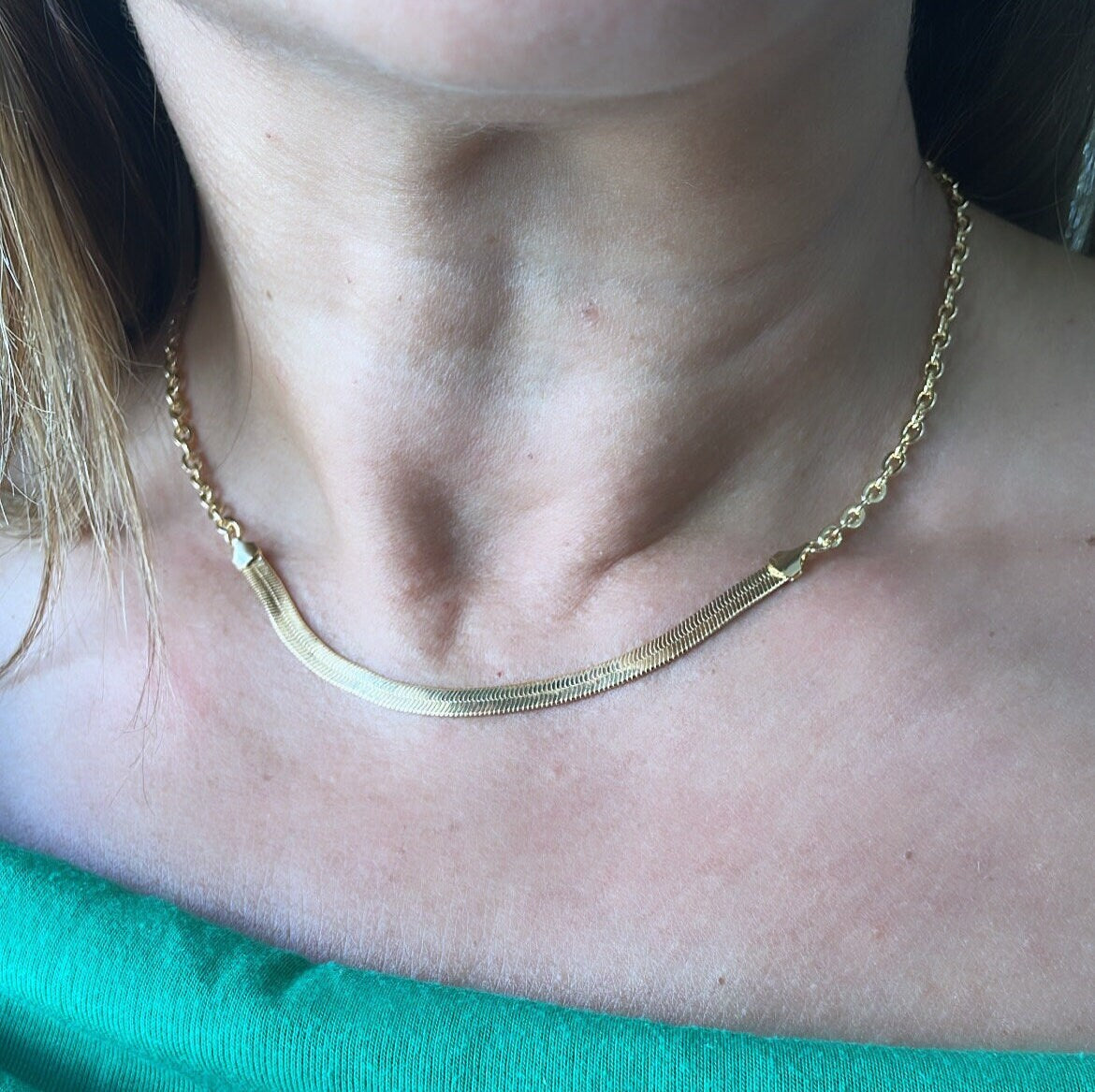 18k Gold Filled Curb Link Necklace With Herring Bone Center Piece