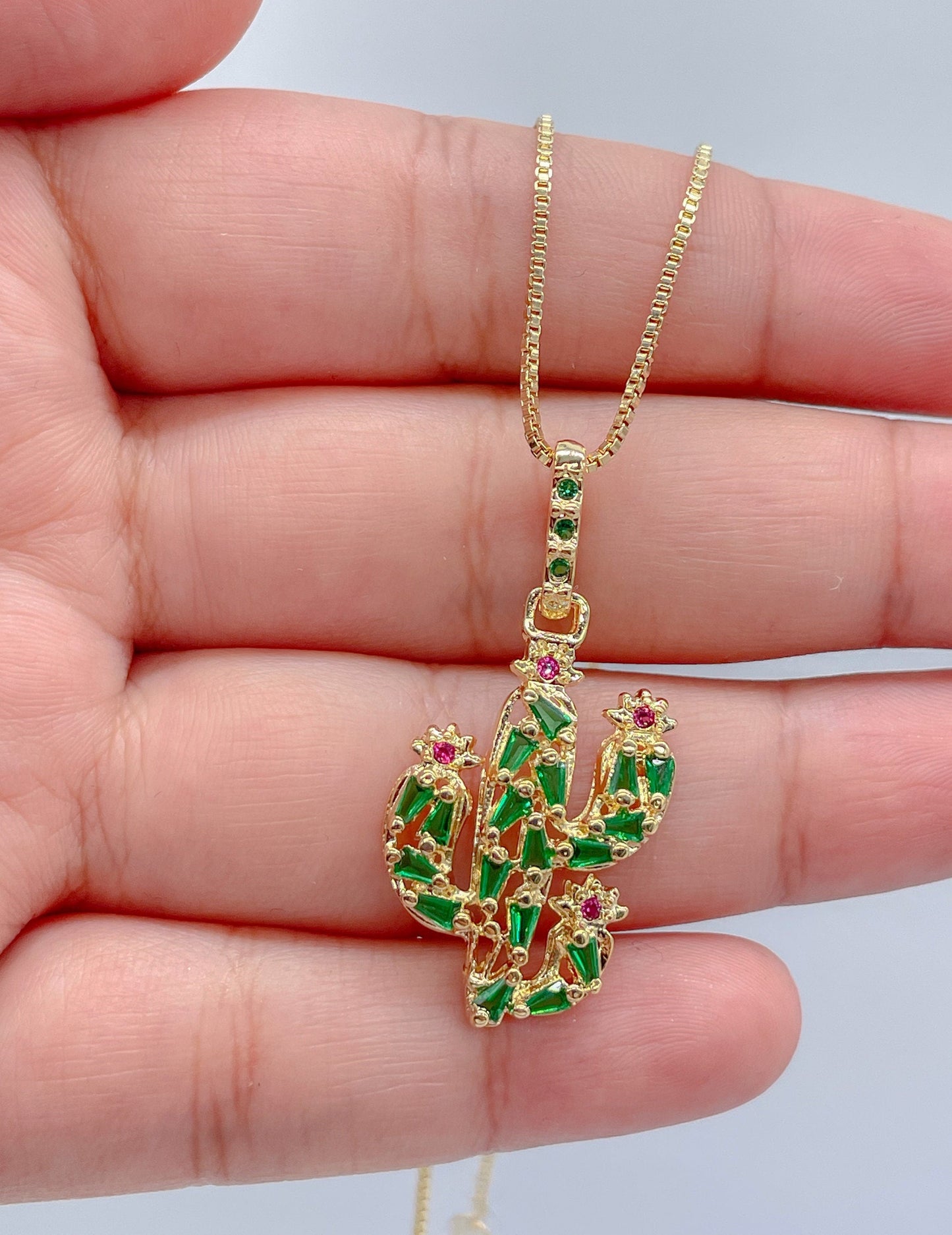 18k Gold Filled Catcus Plant Pendant With Green CZ and small Magenta CZ Stones