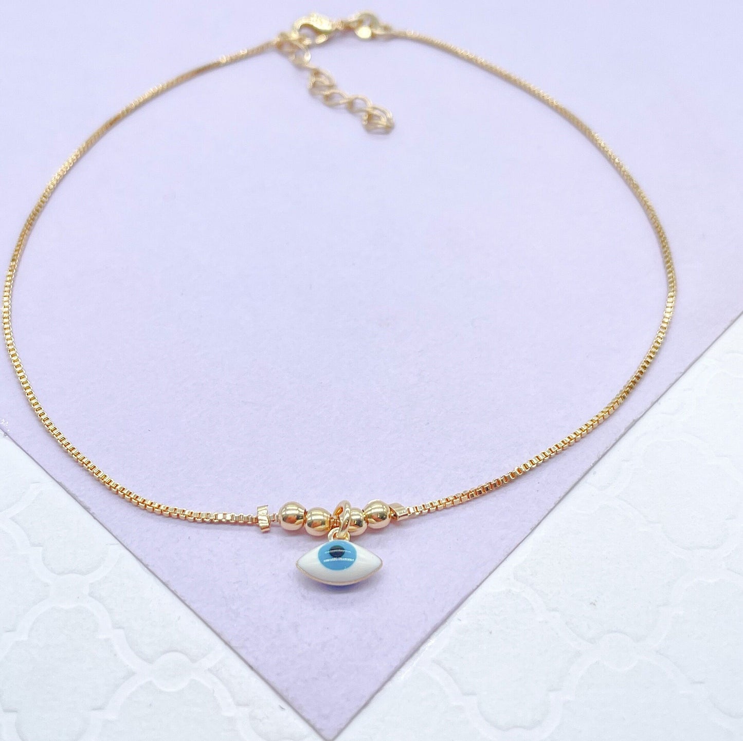 18k Gold Filled Plain Box Chain with Light Blue Evil Eye Charm With Bead Charms