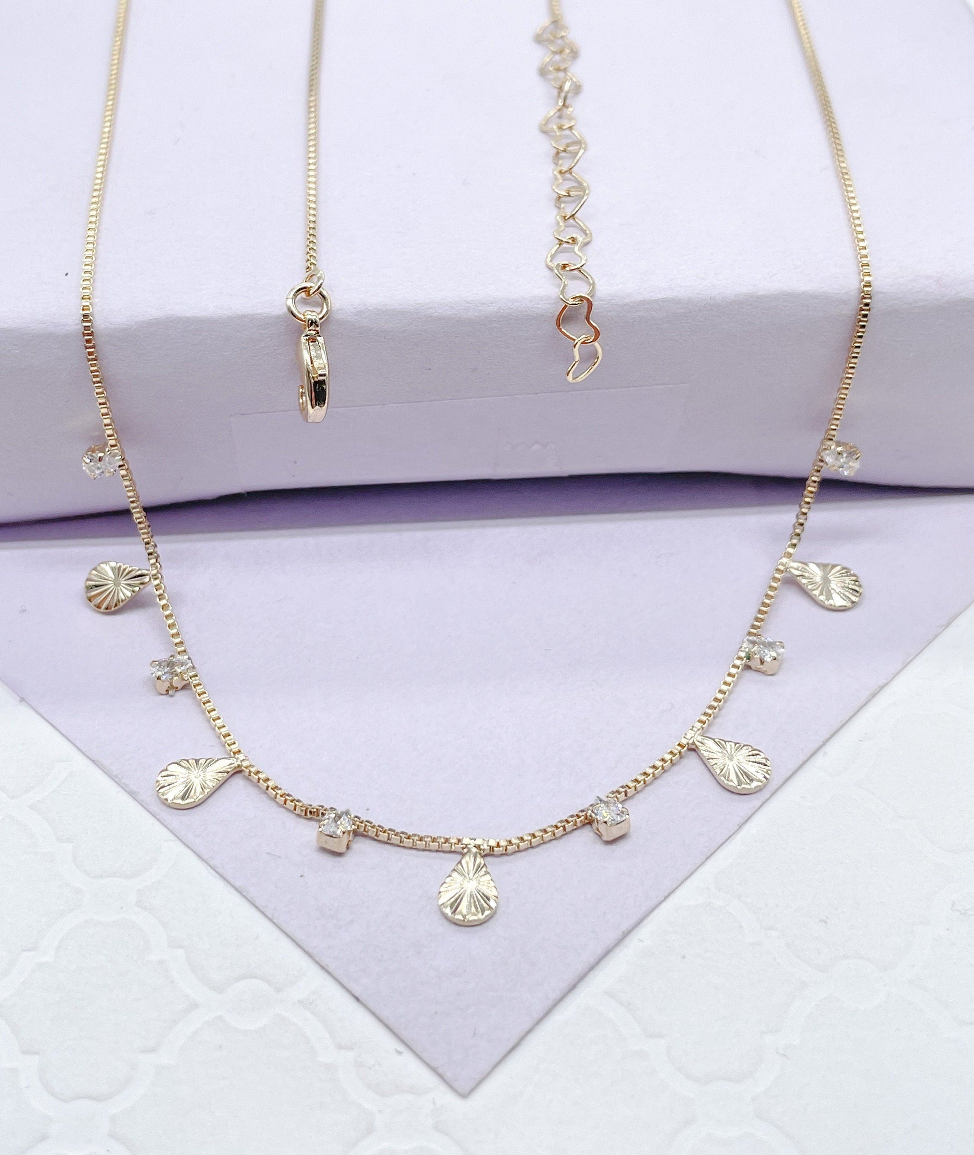 18k Gold Filled Dainty Tear Drop Charm And Cz Stone Choker
