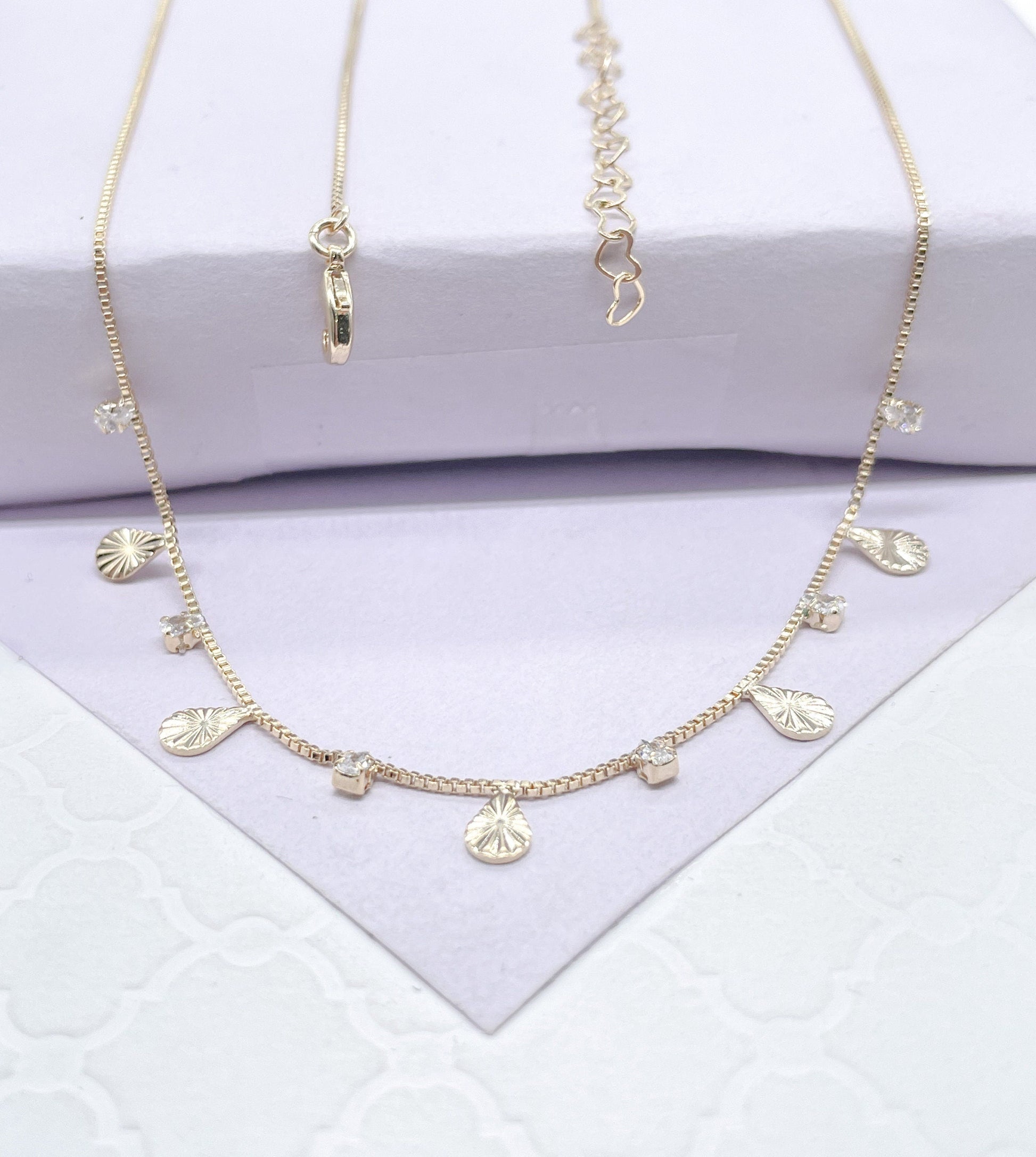 18k Gold Filled Dainty Tear Drop Charm And Cz Stone Choker