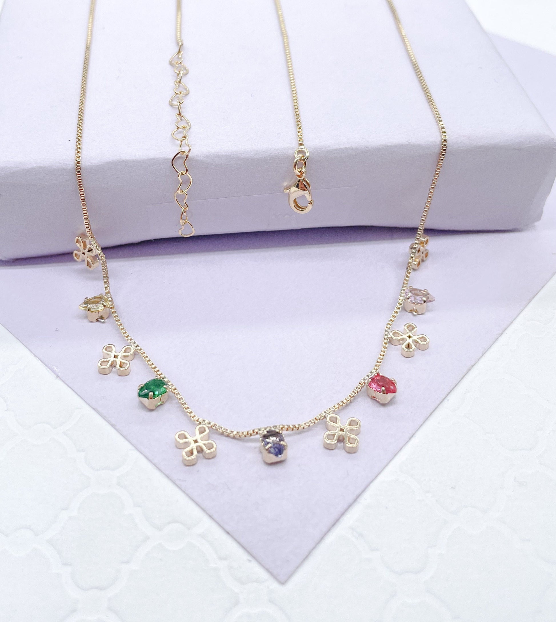 18k Gold Filled Dainty Box Chain Choker With Colorful CZ and Flower Charms