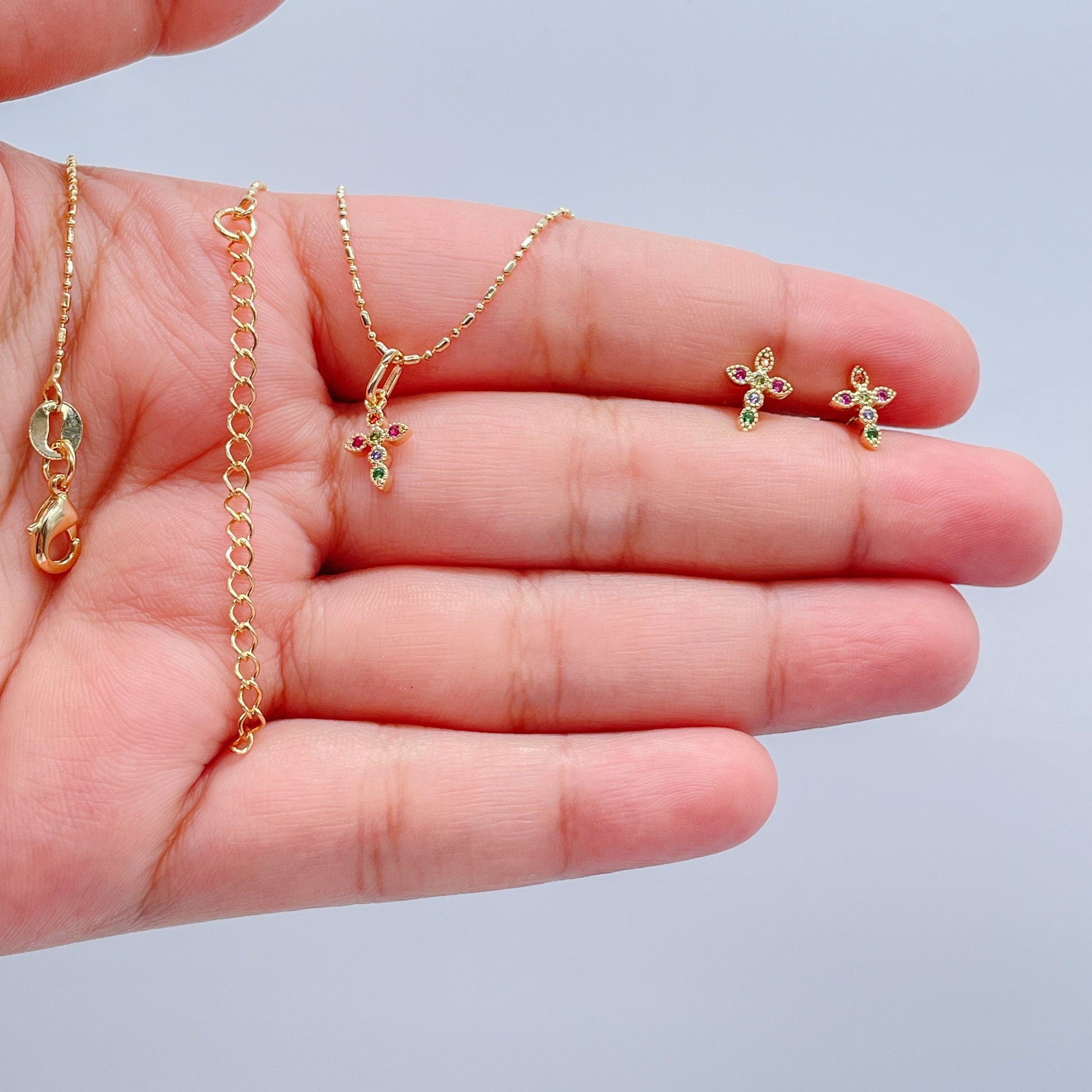 18k Gold Filled Baguette Zirconia Flexible Cross Charm with Box Chain Necklace and Supplies