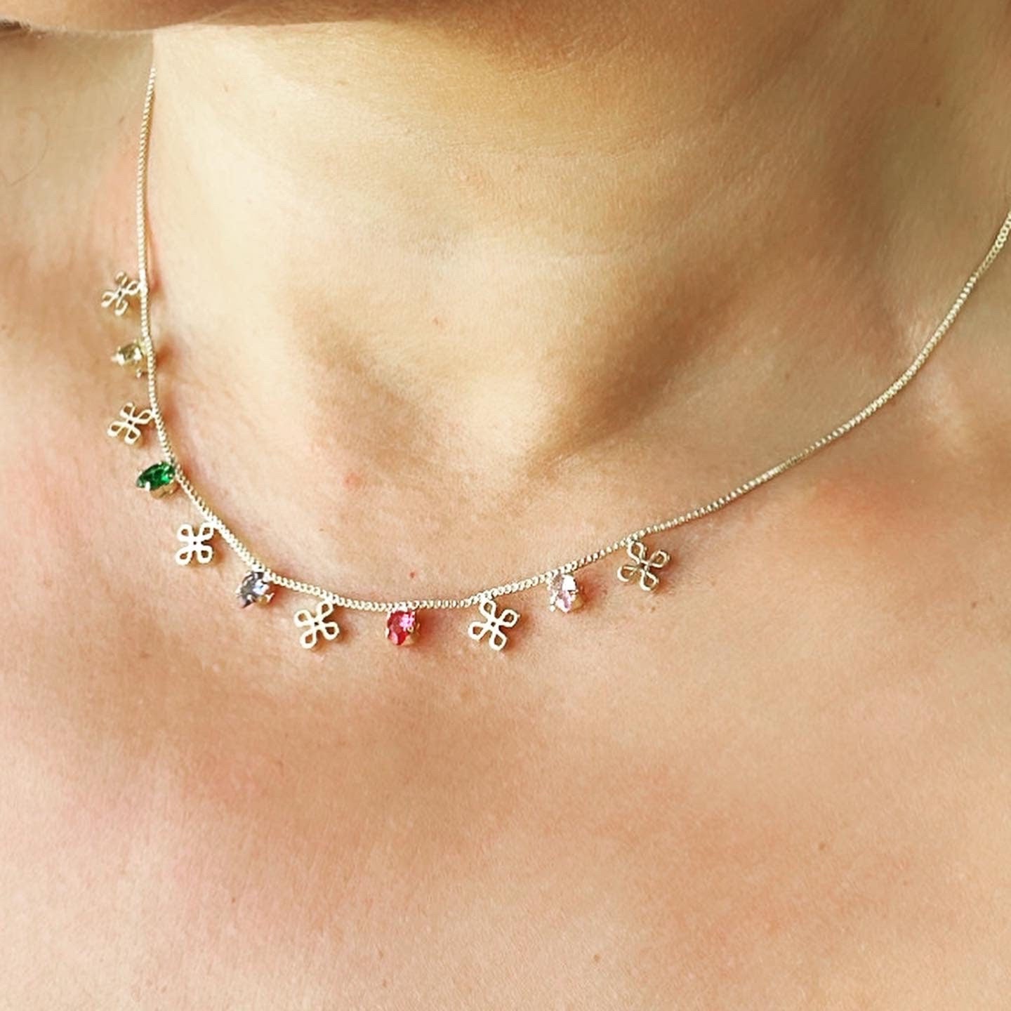 18k Gold Filled Dainty Box Chain Choker With Colorful CZ and Flower Charms