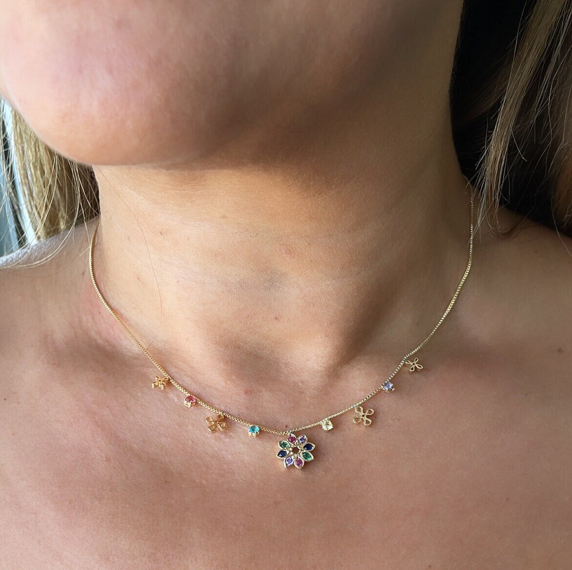 18k Gold Filled Dainty Box Chain Choker with Colorful Cz and Flower Charms w Flower Centerpiece