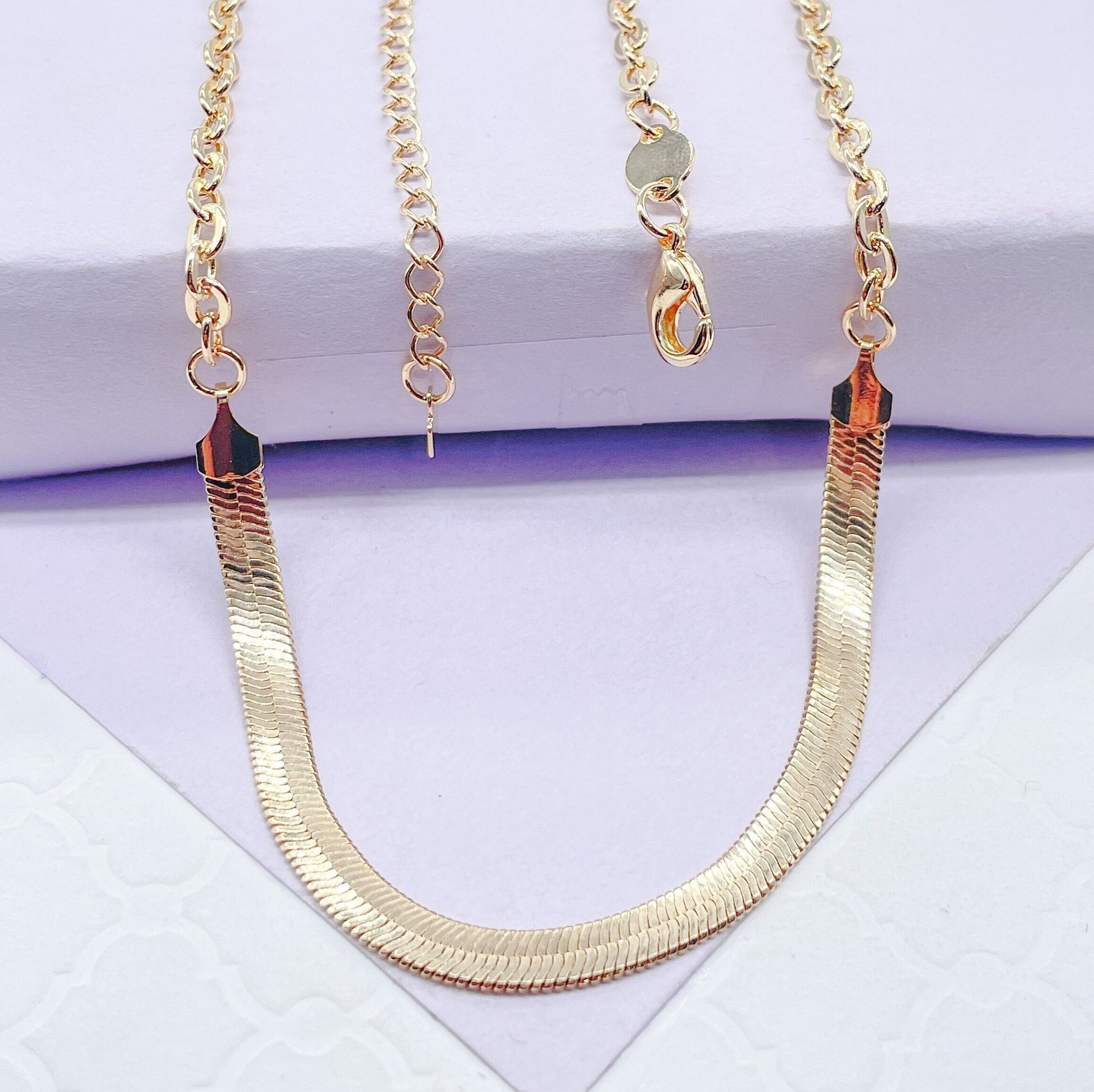 18k Gold Filled Curb Link Necklace With Herring Bone Center Piece