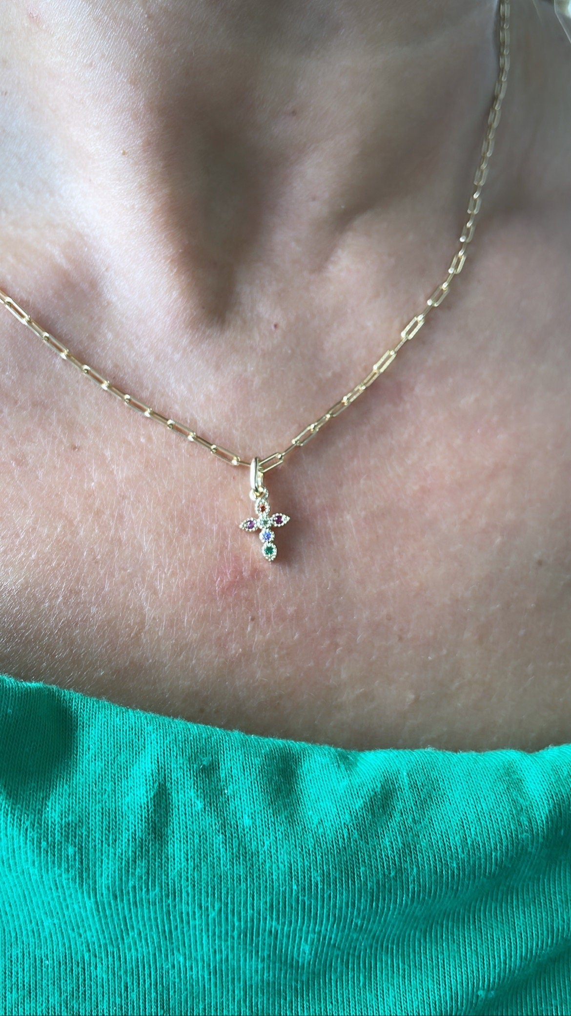 18k Gold Filled Baguette Zirconia Flexible Cross Charm with Box Chain Necklace and Supplies
