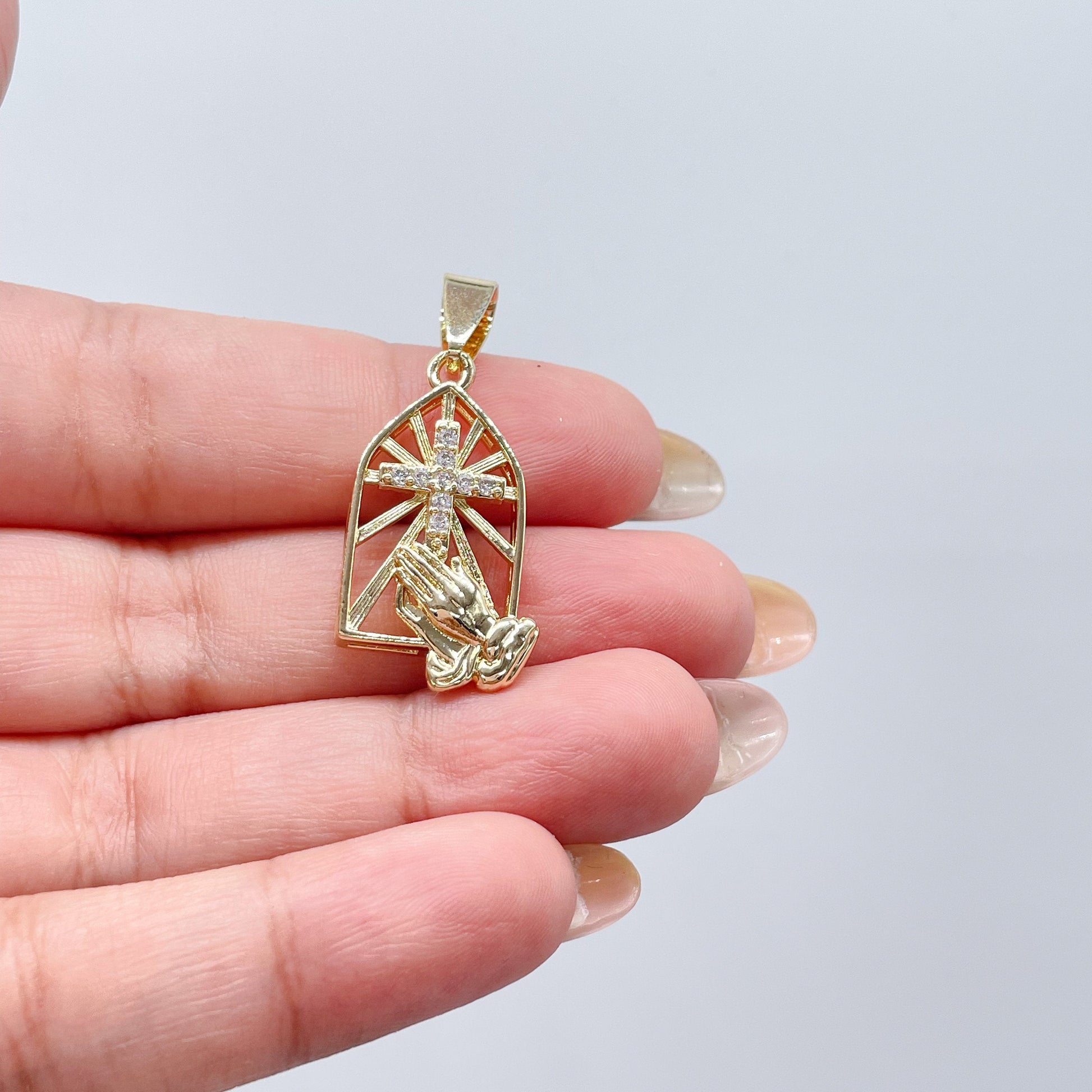 18k Gold Filled Medallion Charm With Cross and Praying Hands
