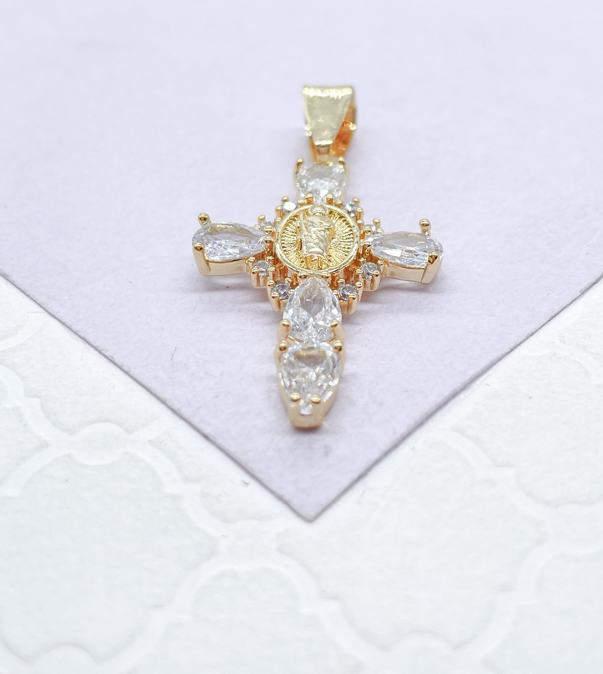 18k Gold Filled White Pear Cut Stone Crucifix With Jesus Center Pendant