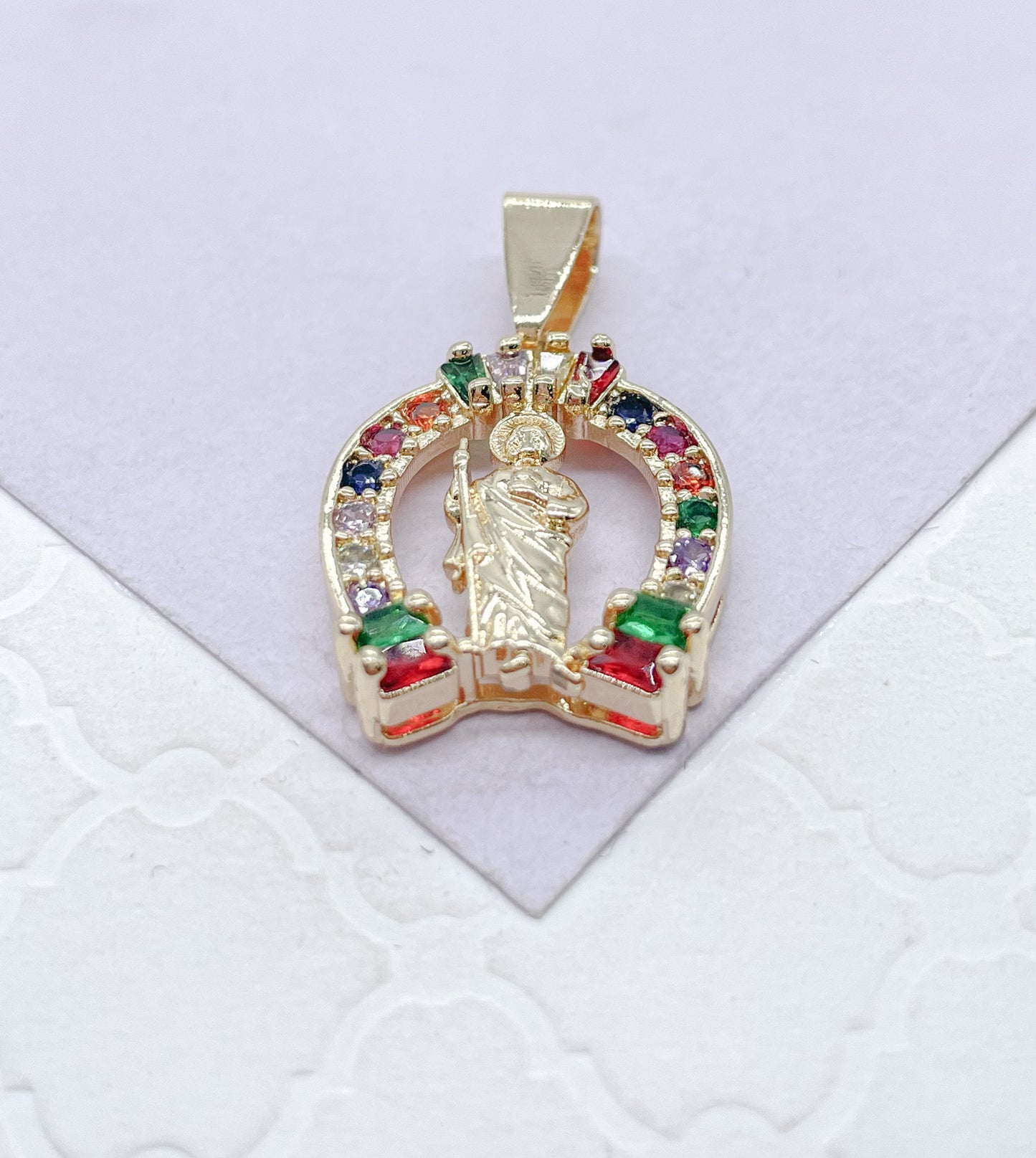 18k Gold Filled Saint Jude Charm Colorful Baguette and Round CZ Charm