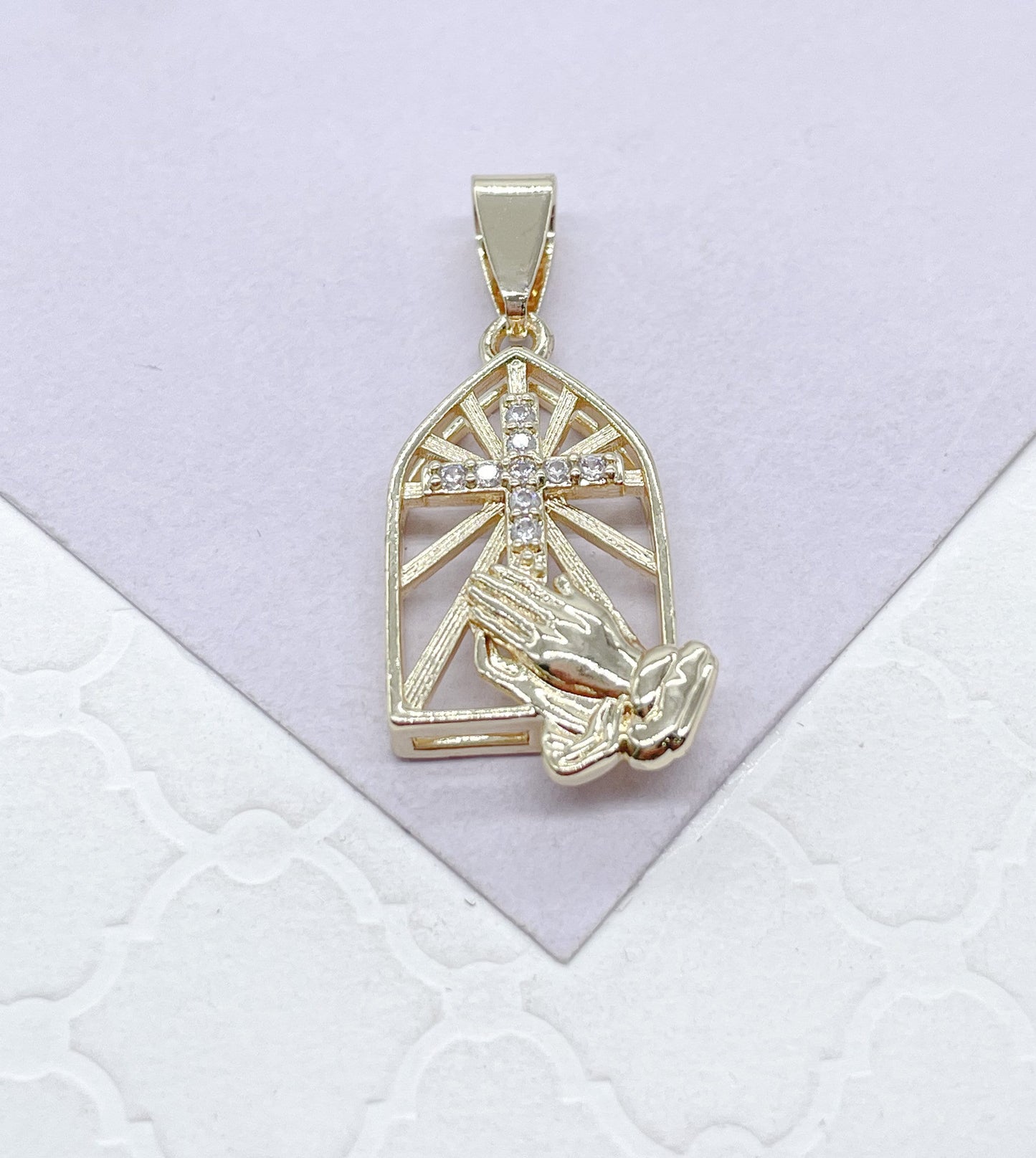 18k Gold Filled Medallion Charm With Cross and Praying Hands