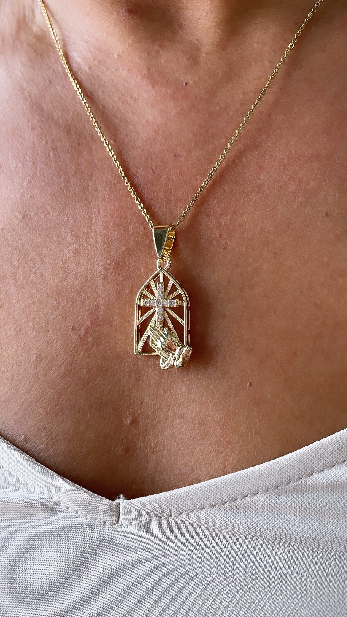 18k Gold Filled Medallion Charm With Cross and Praying Hands