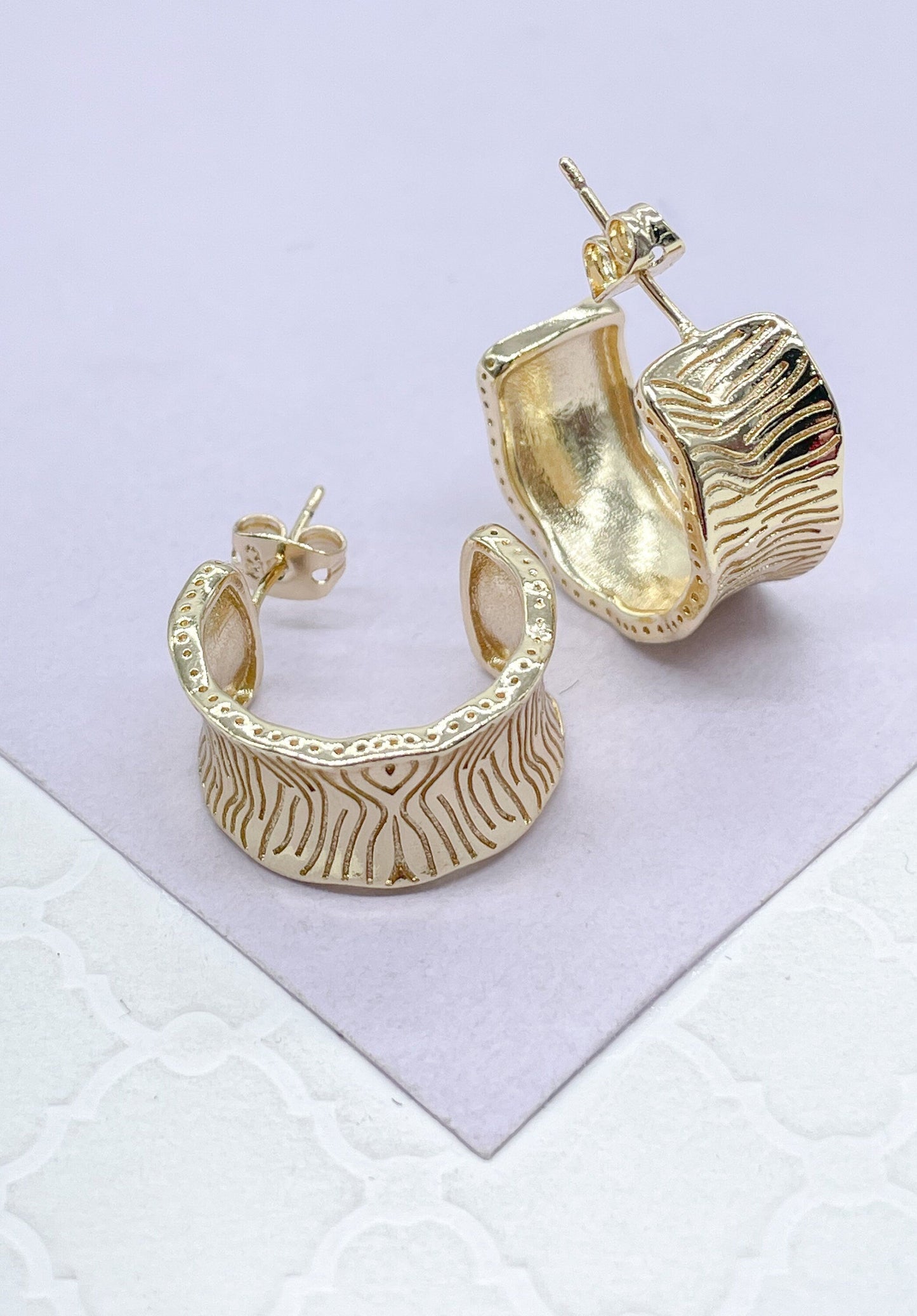 18k Gold Filled Wide Tree Trunk Patterned Open Hoop Earrings